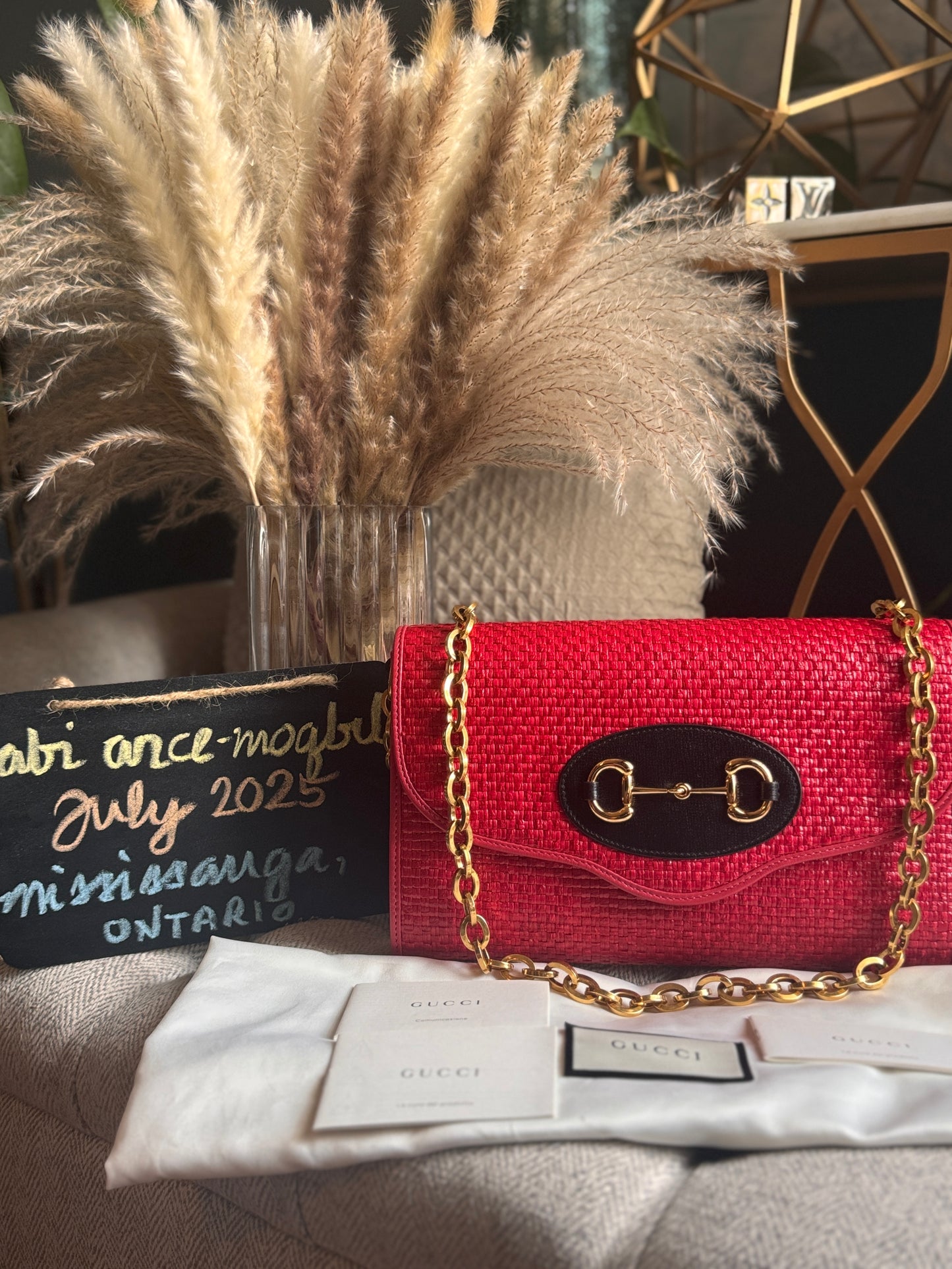Gucci Horsebit 1955 Raffia Chain Bag in Red