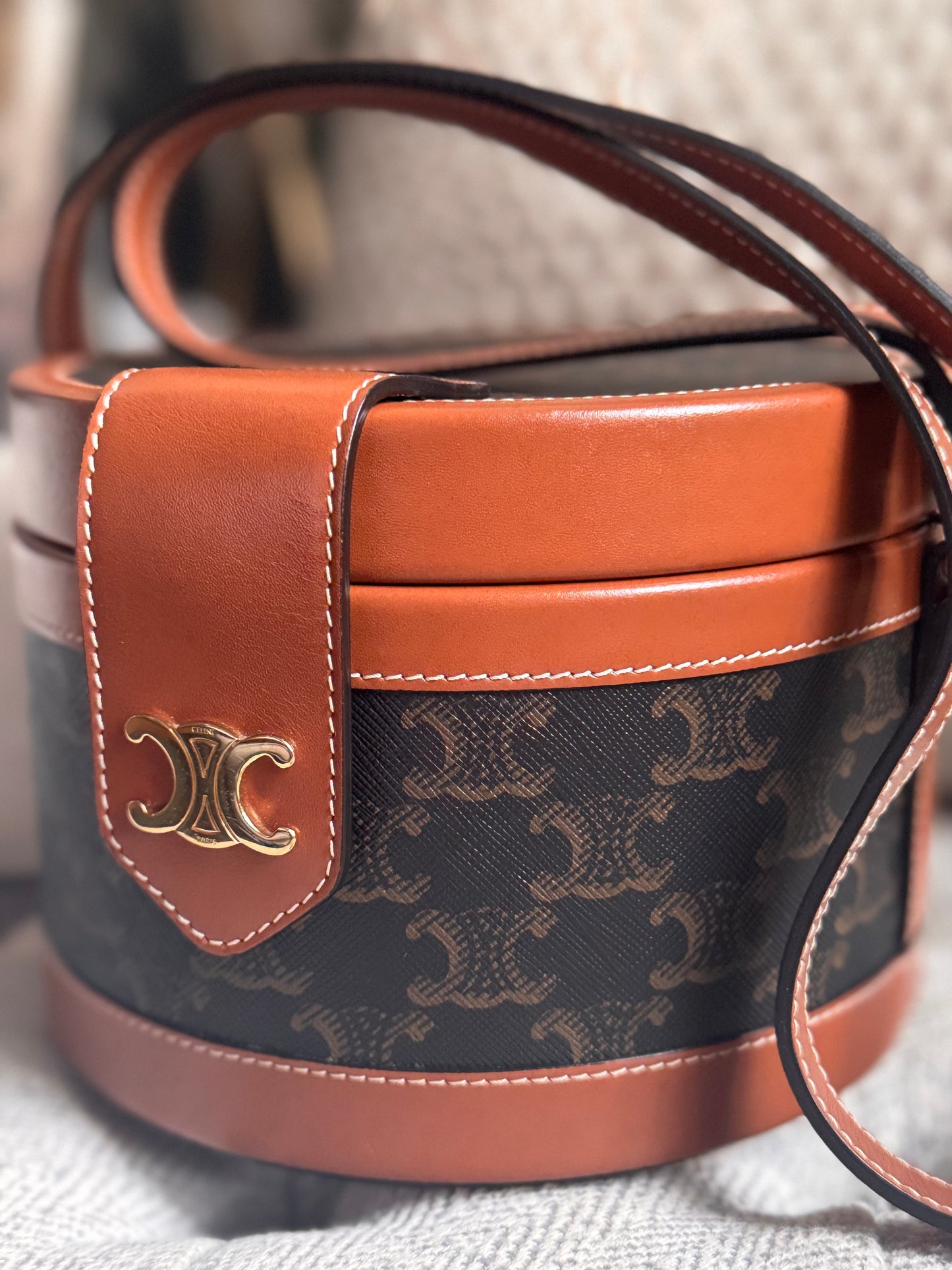 Celine Calfskin Triomphe Canvas Medium Tambour Bag