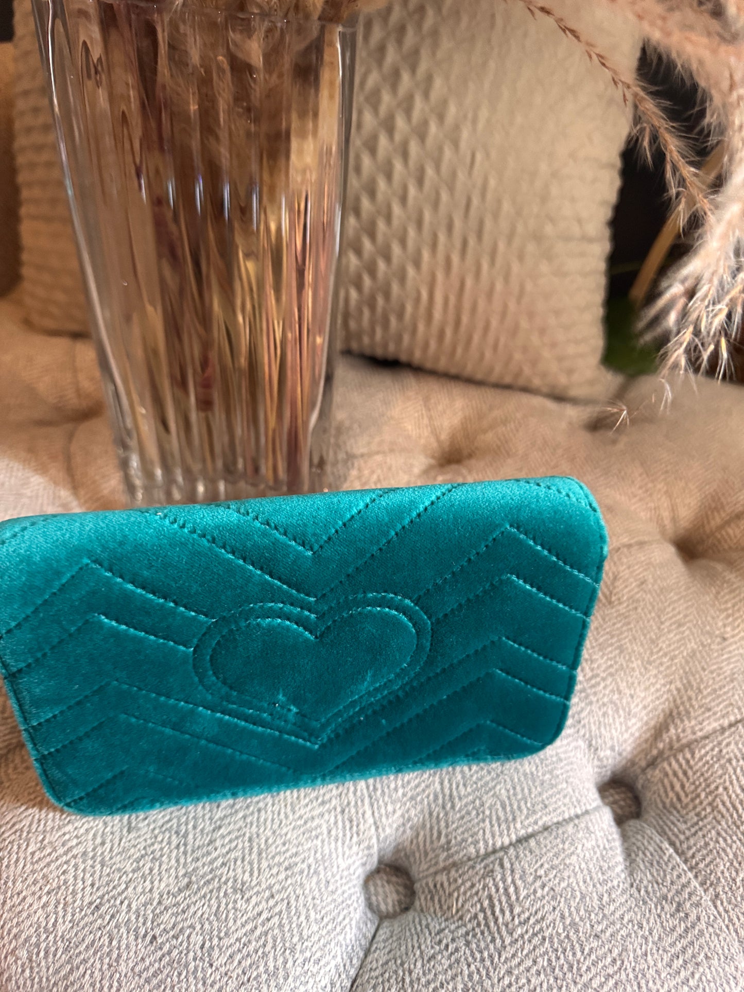 Gucci Velvet Matelasse GG Marmont Mini Bag Pavone Cyan