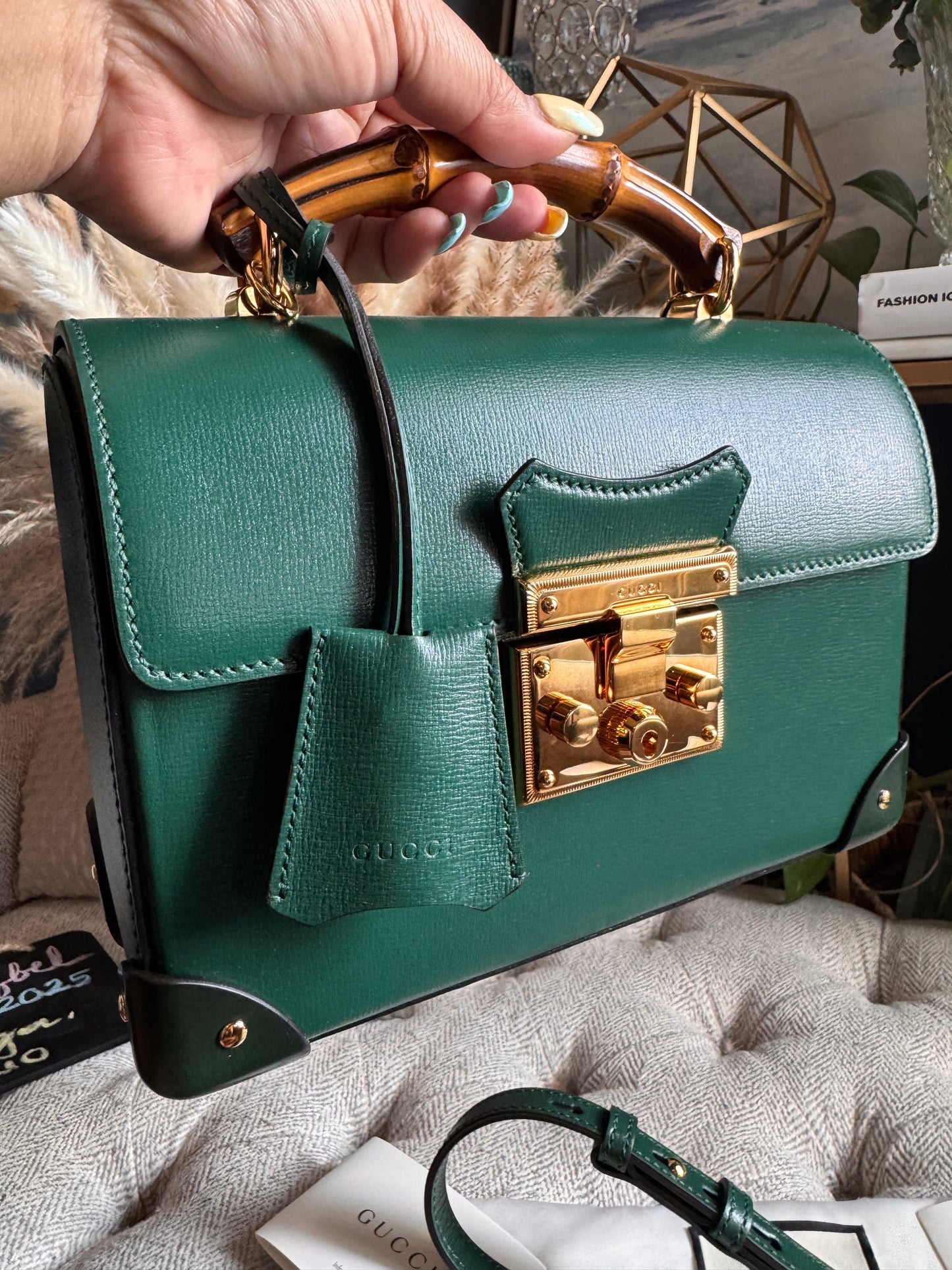 GUCCI
Azalea Calfskin Small Padlock Bamboo Shoulder Bag Vintage Green