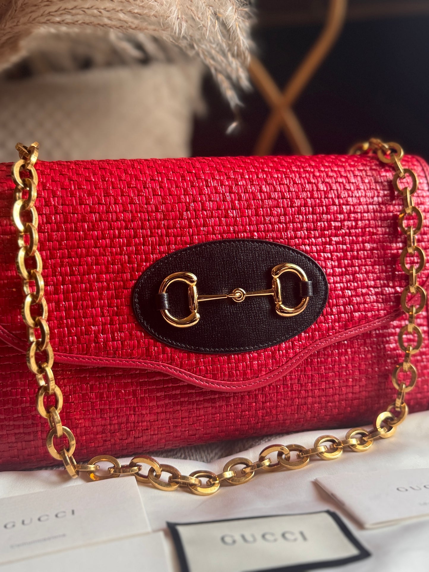Gucci Horsebit 1955 Raffia Chain Bag in Red