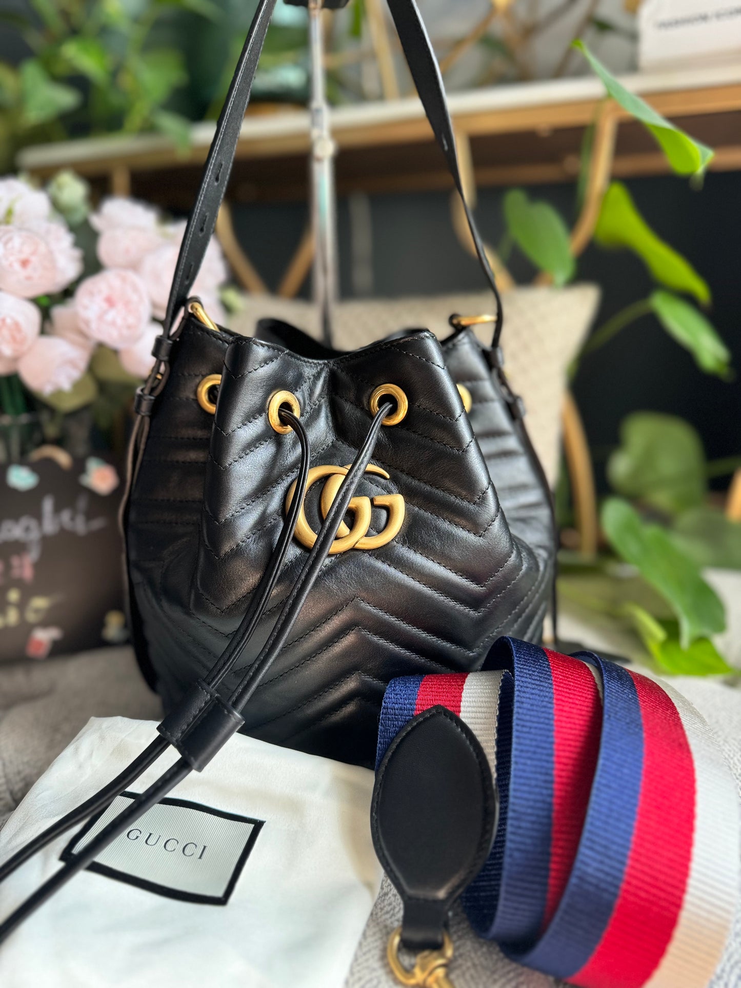 Gucci Calfskin Matelasse Sylvie Web GG Marmont Bucket Bag