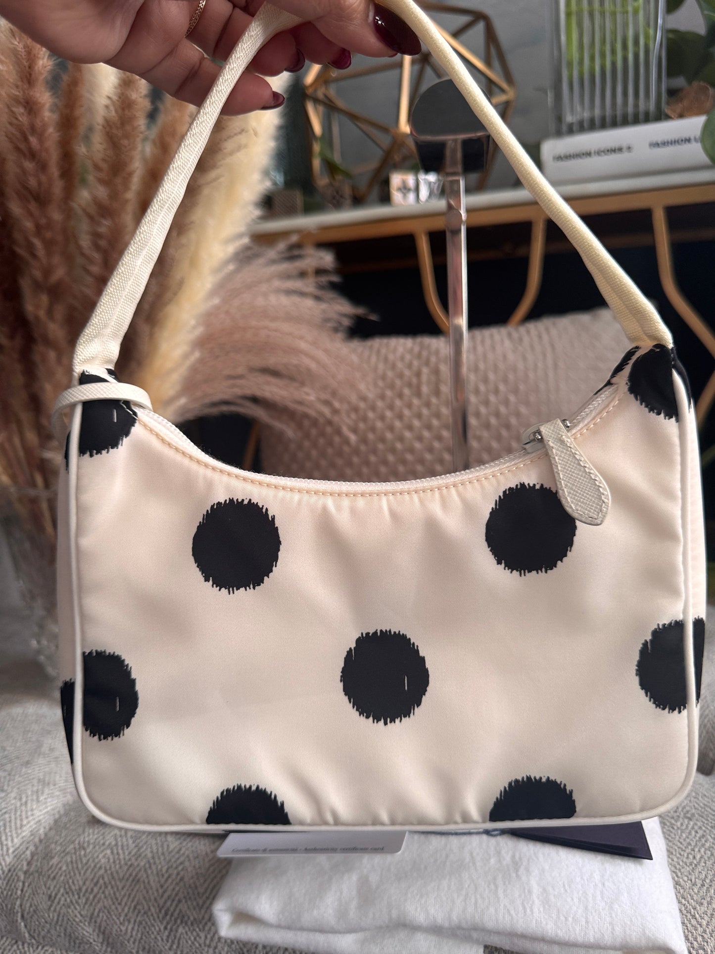 PRADA
Tessuto Nylon Polka-Dot Mini Re-Edition 2000 Bag White Black