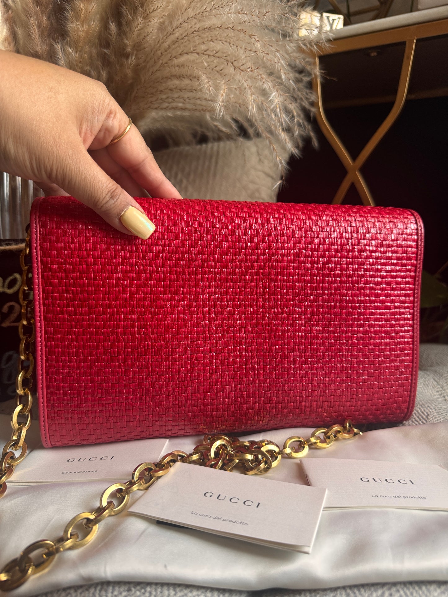 Gucci Horsebit 1955 Raffia Chain Bag in Red