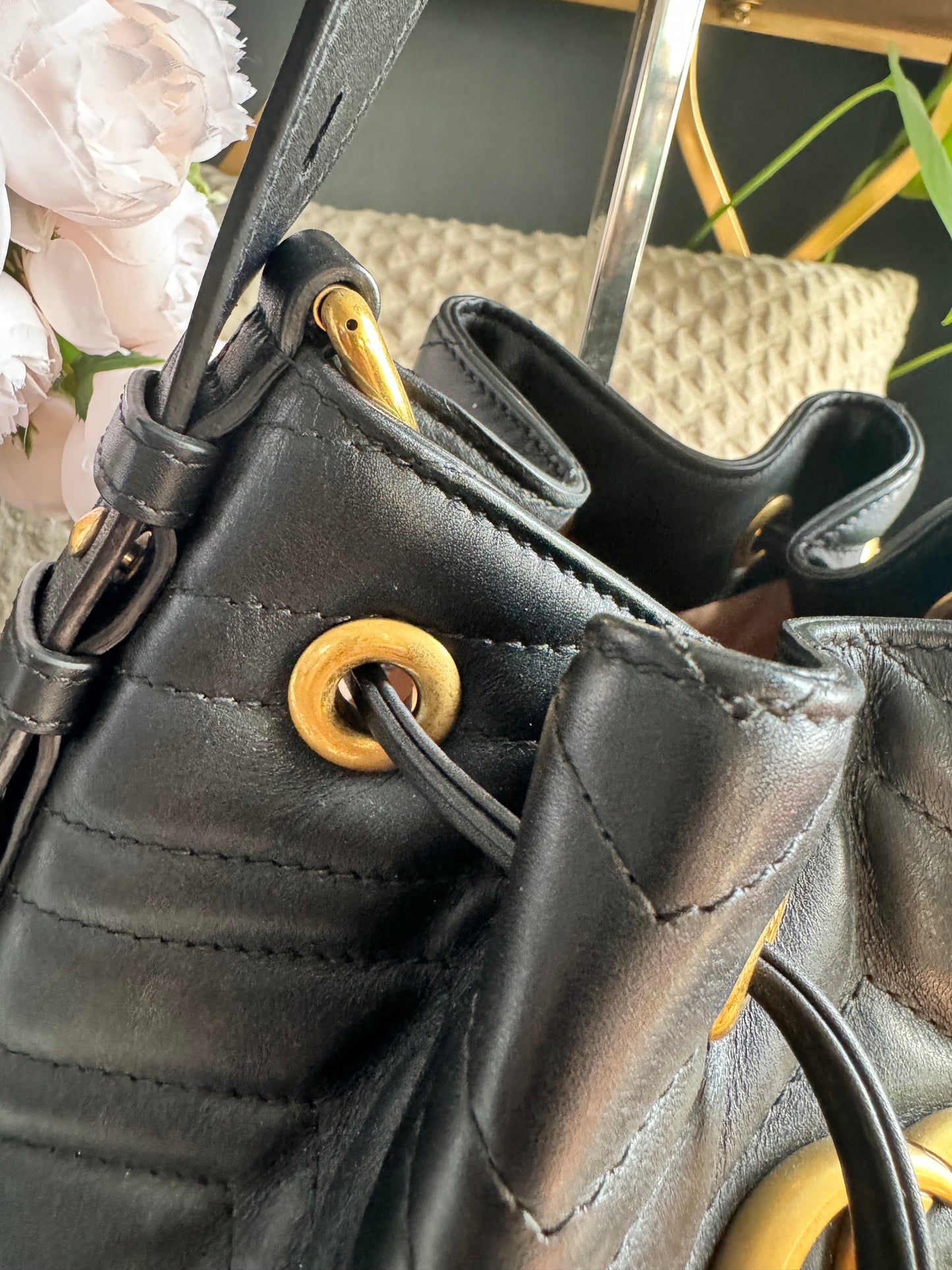 Gucci Calfskin Matelasse Sylvie Web GG Marmont Bucket Bag