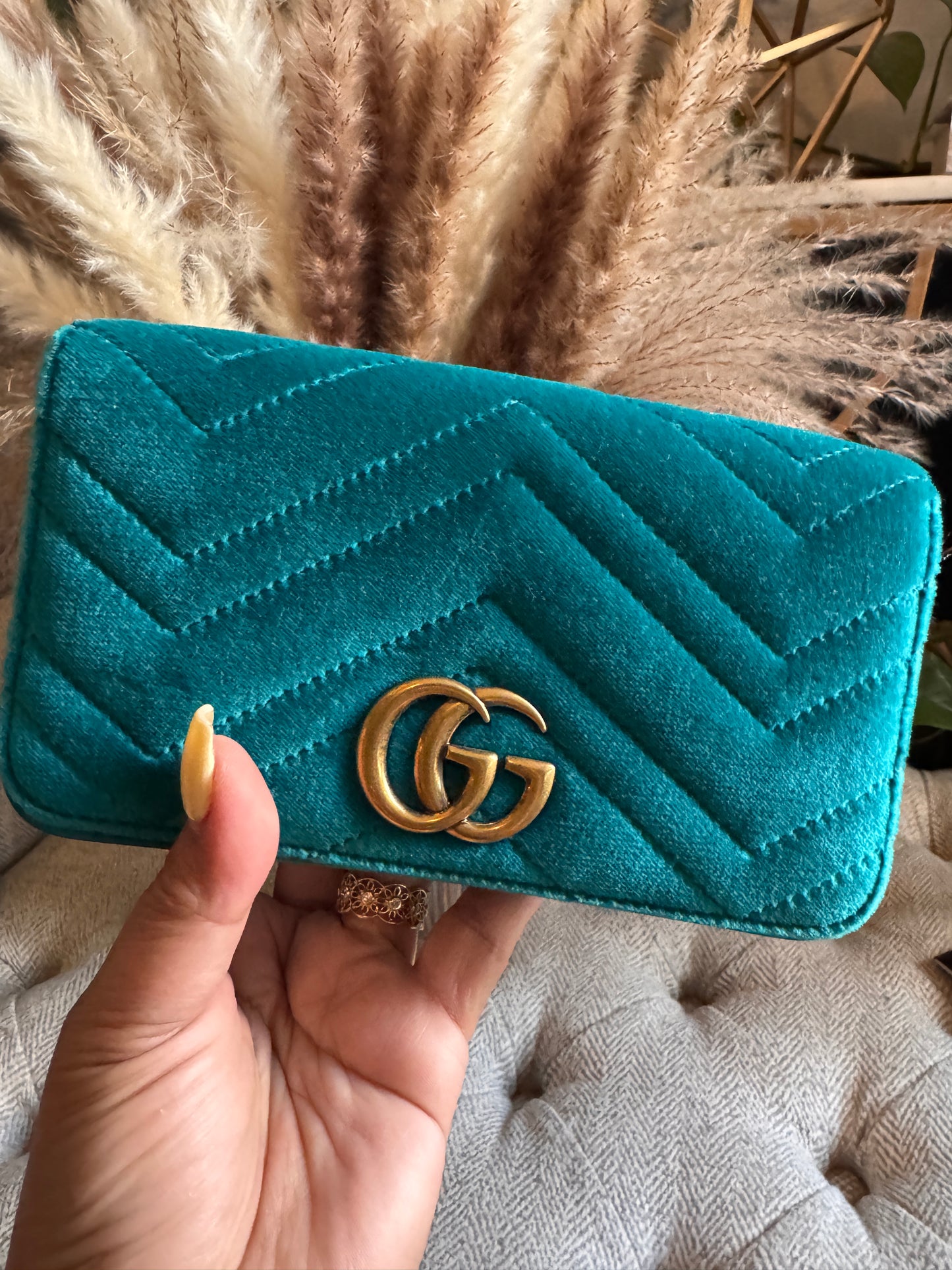 Gucci Velvet Matelasse GG Marmont Mini Bag Pavone Cyan