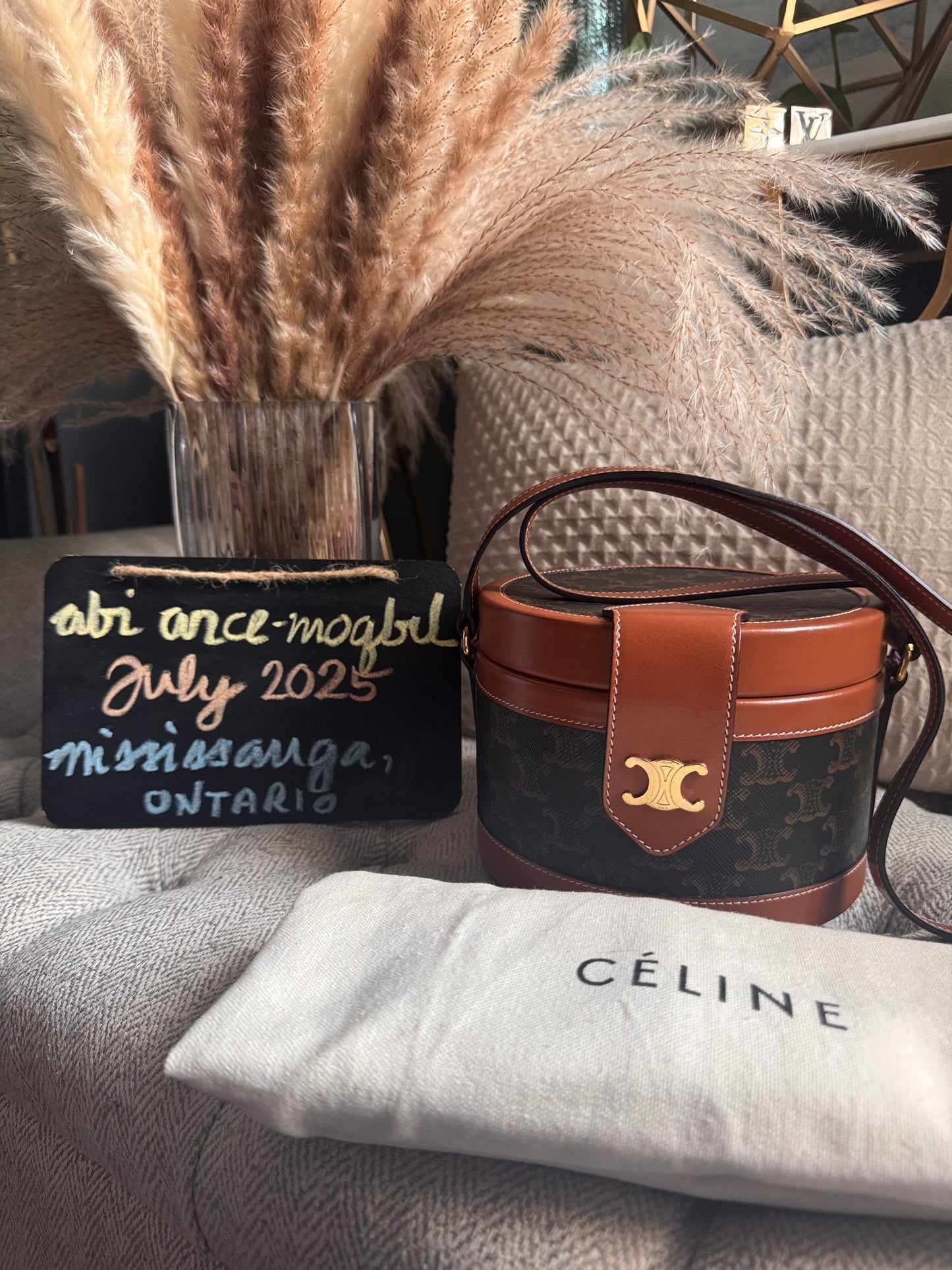 Celine Calfskin Triomphe Canvas Medium Tambour Bag