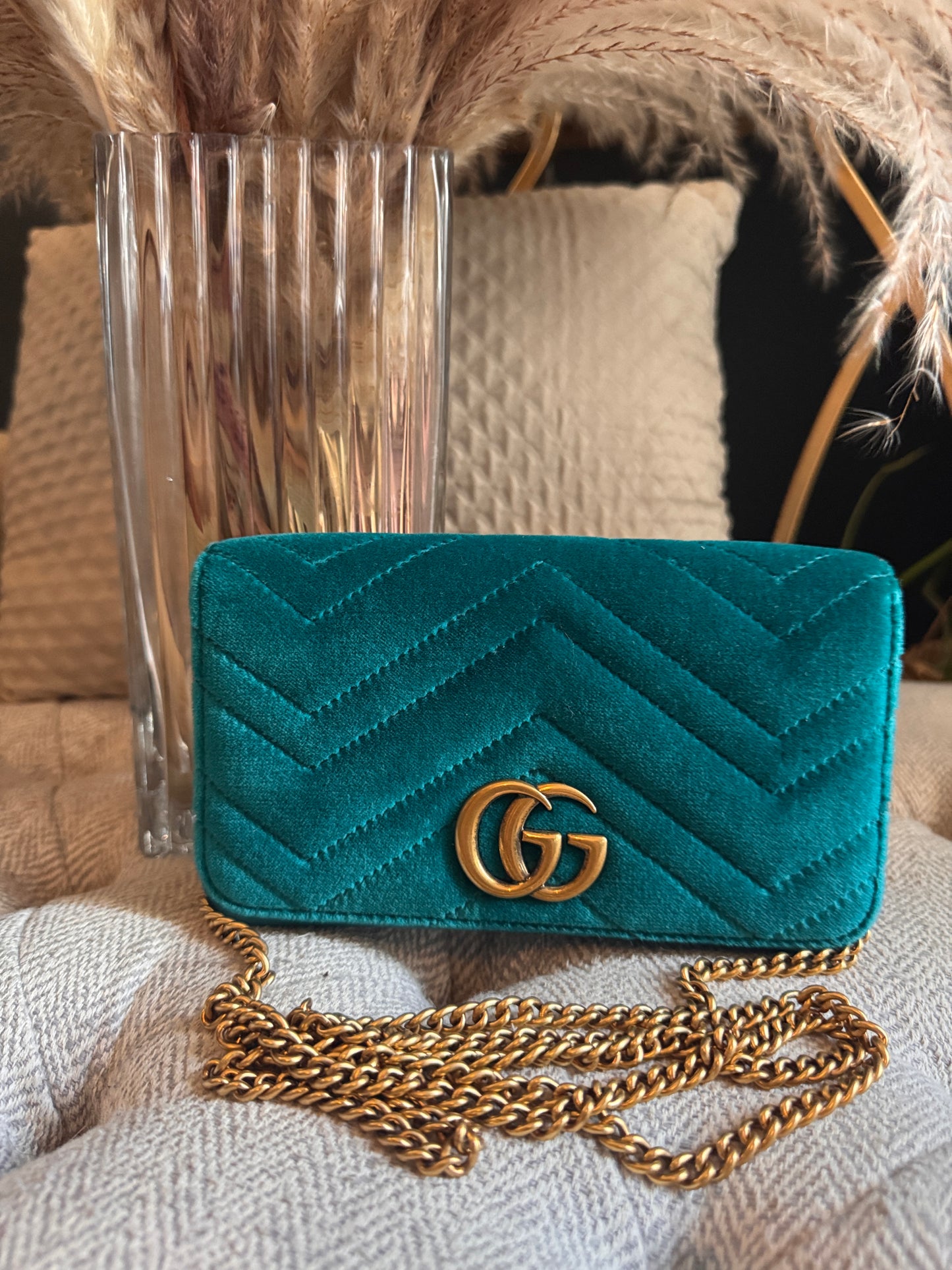 Gucci Velvet Matelasse GG Marmont Mini Bag Pavone Cyan