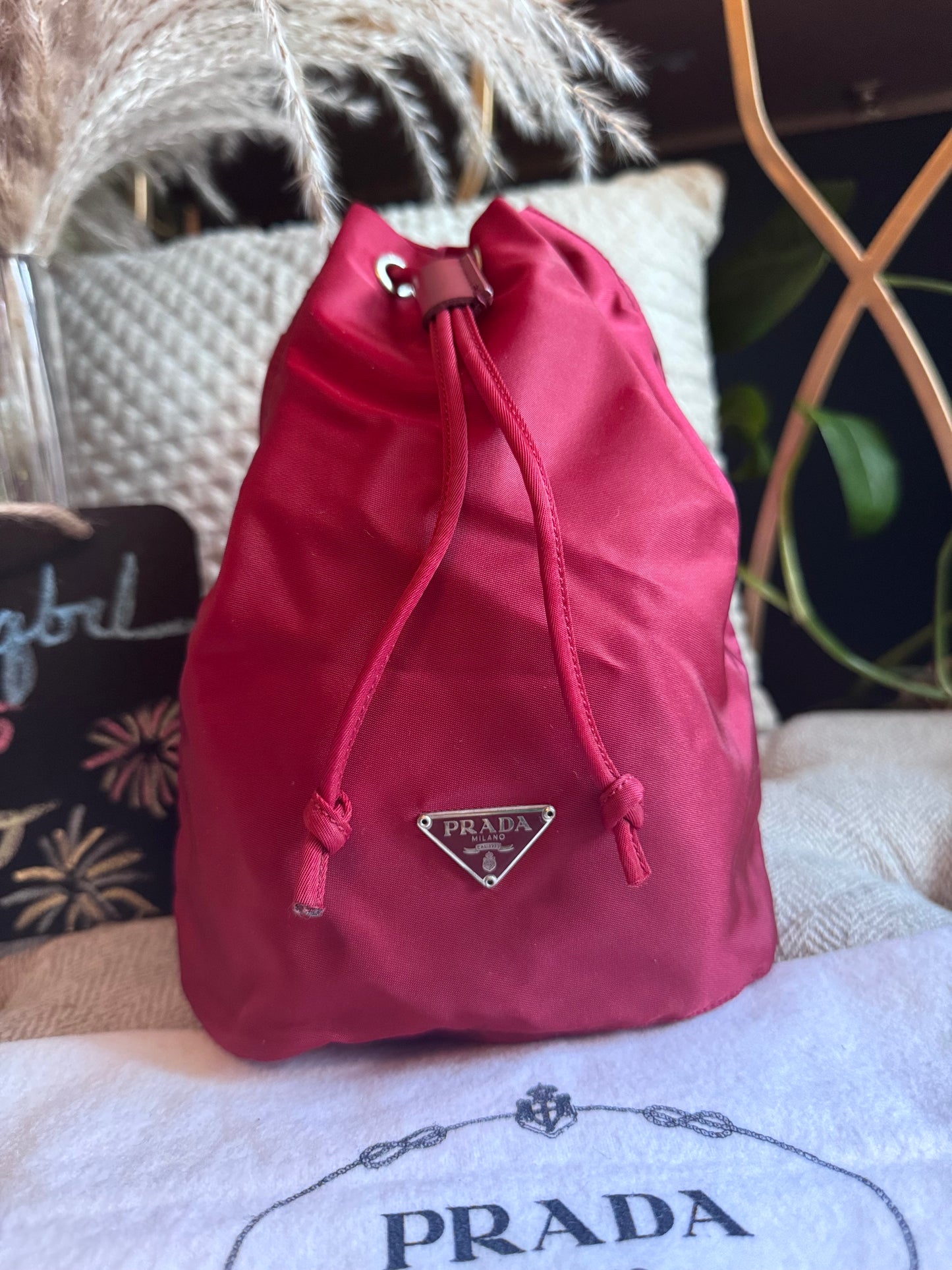 Prada Drawstring Nylon Bucket Pouch