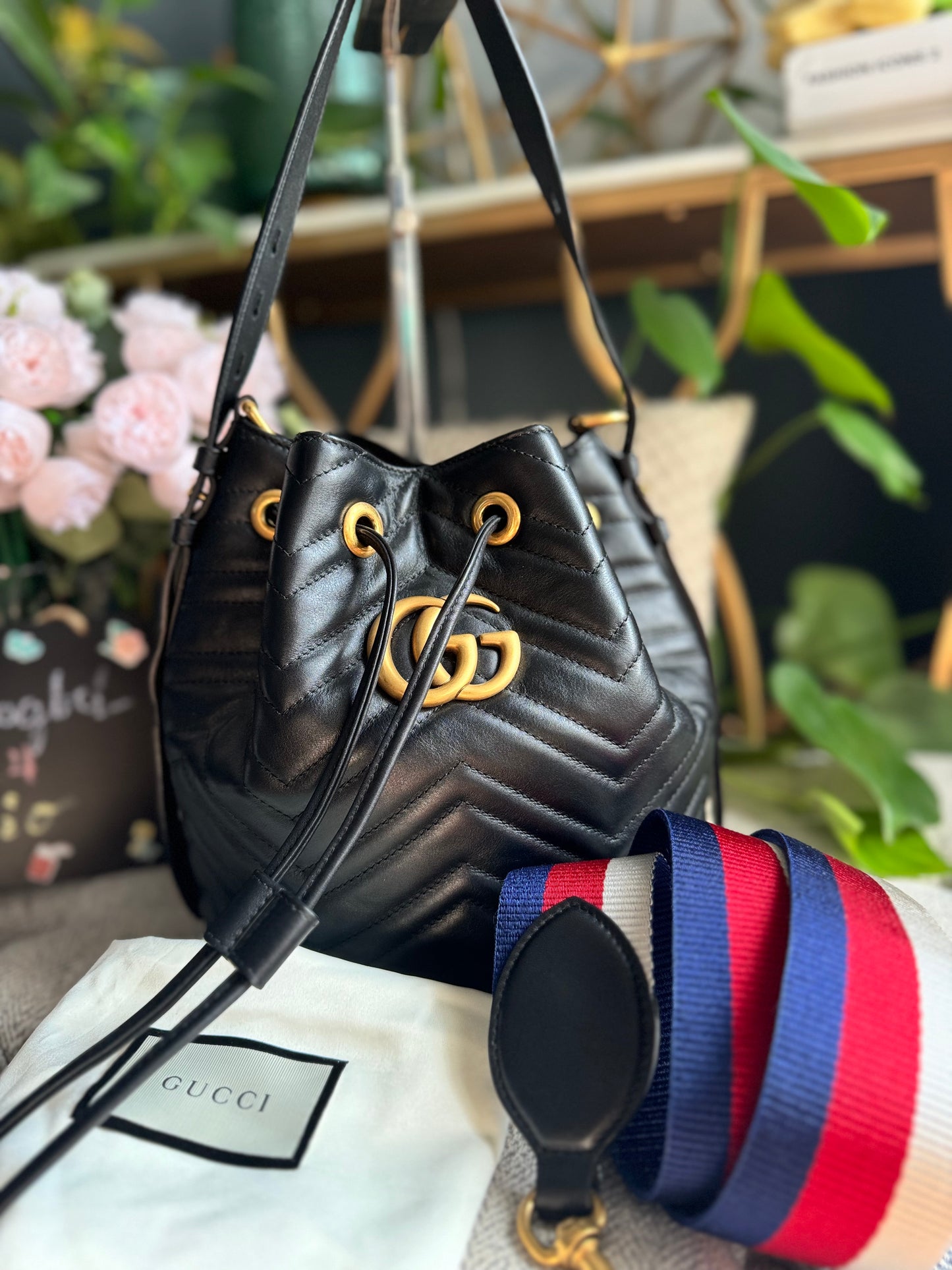 Gucci Calfskin Matelasse Sylvie Web GG Marmont Bucket Bag