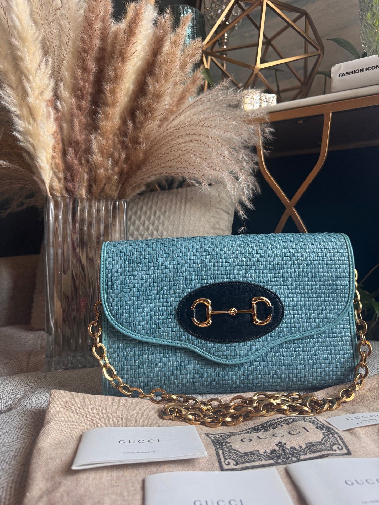Gucci Horsebit 1955 Raffia Chain Bag