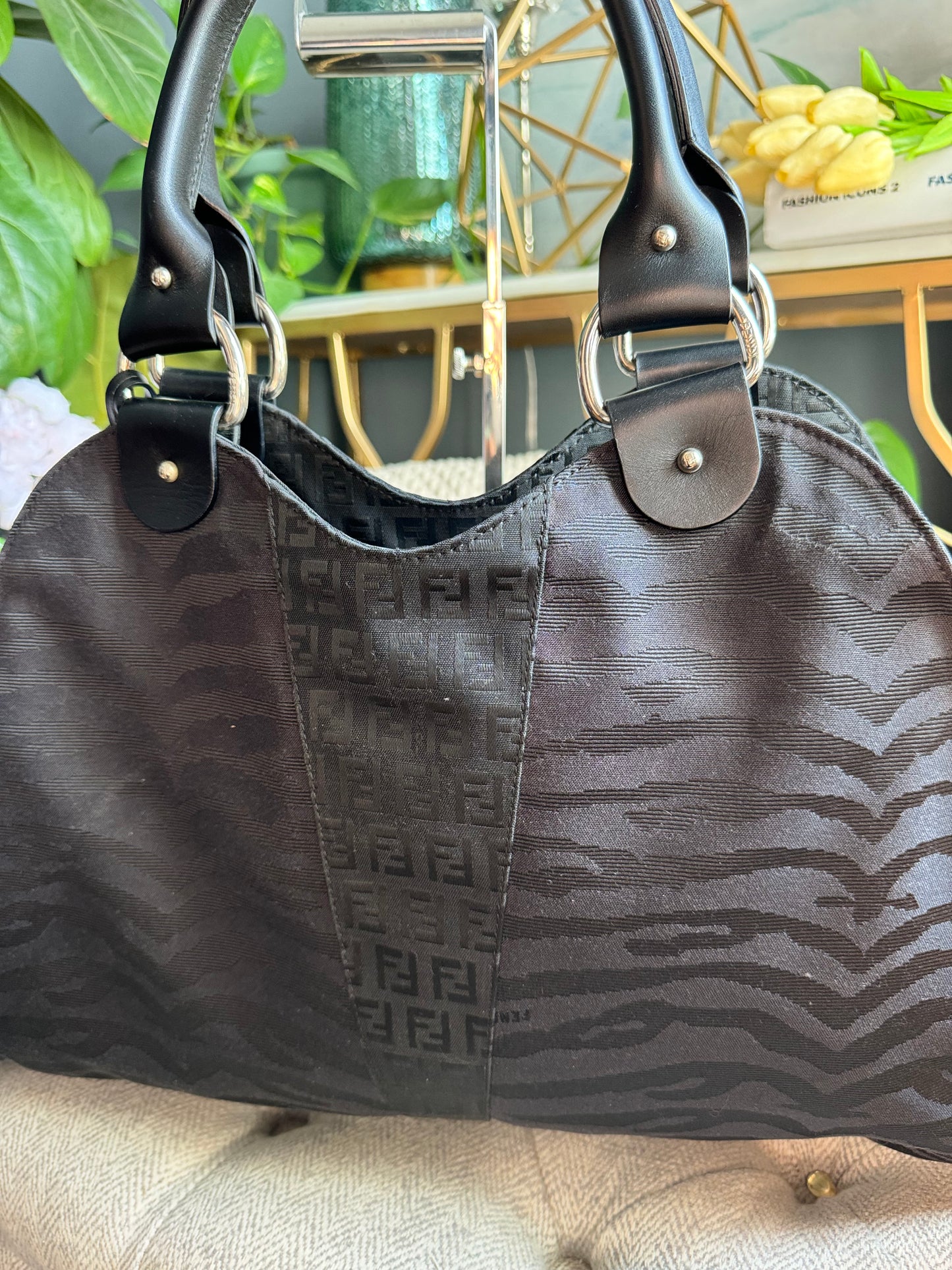Fendi Zucca Zucchino FF Logo Zebra Print with Silver Monogram Tag