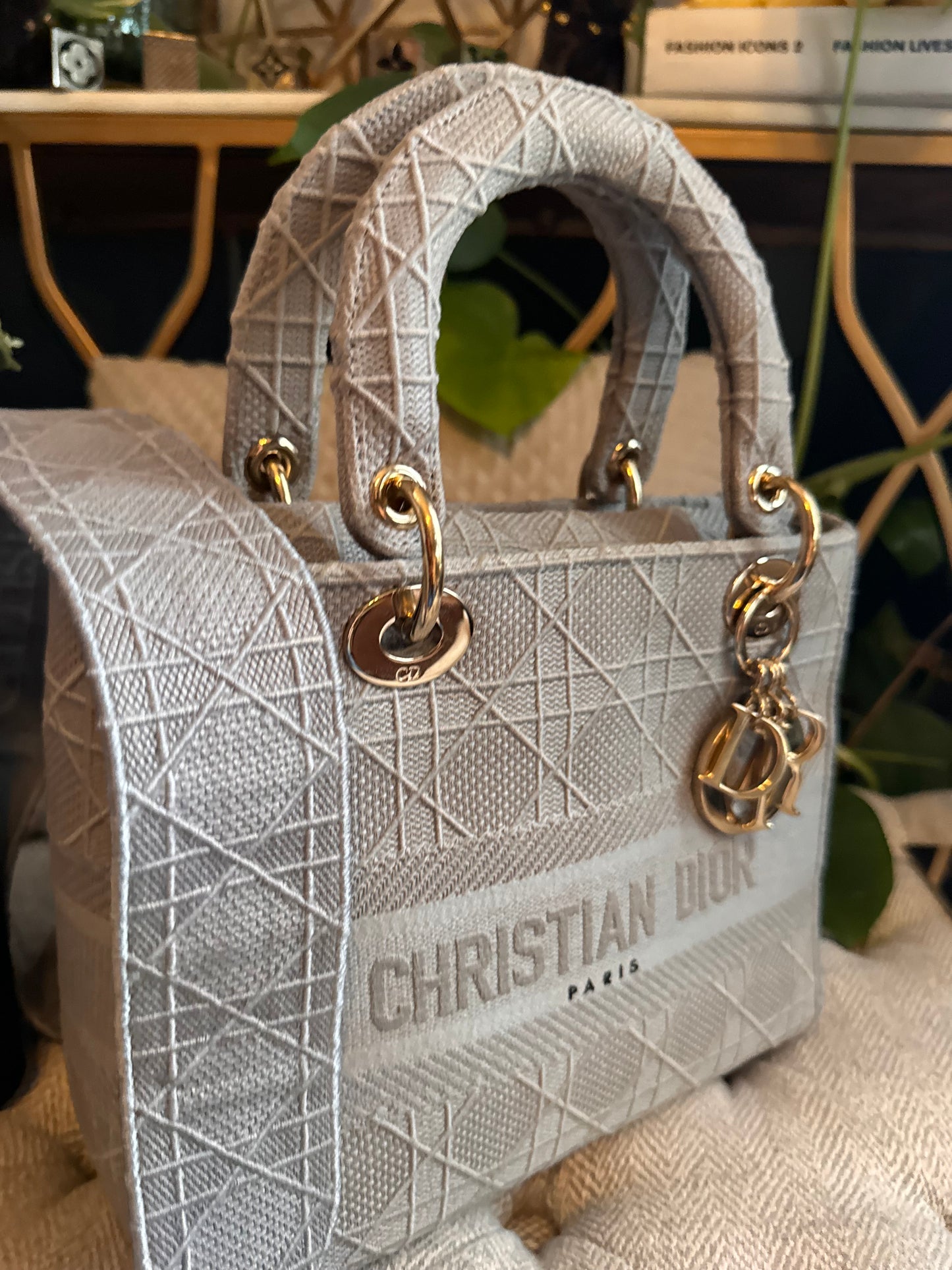 Christian Dior LADY D-LITE Medium Bag in Cool Grey Cannage Embroidery