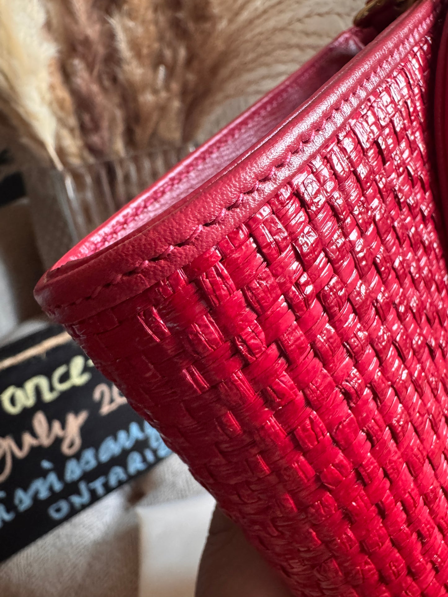 Gucci Horsebit 1955 Raffia Chain Bag in Red