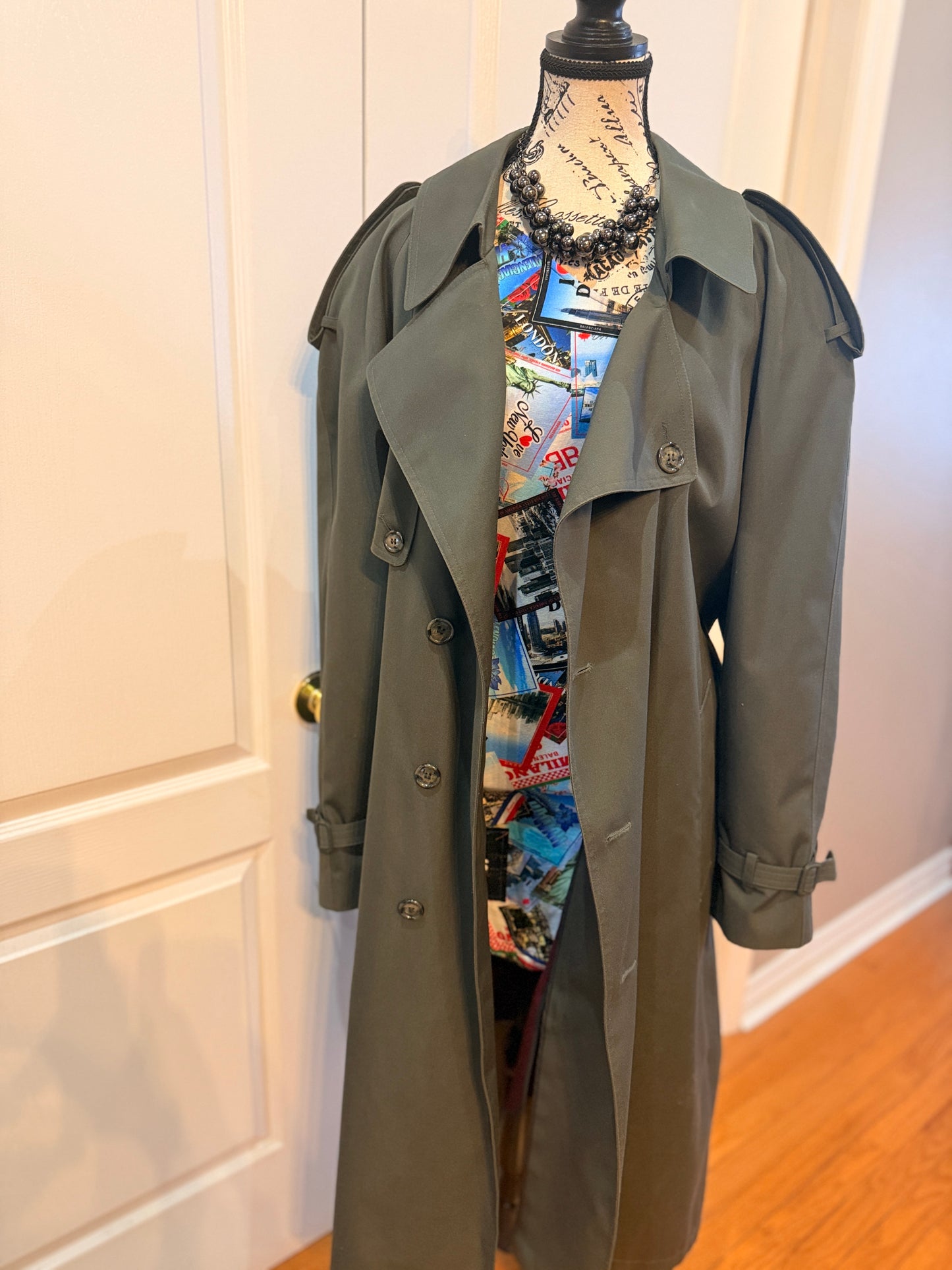 London Fog Vintage Trench Coat 44R w/ Zip-Out Wool Liner – Classic Olive Green