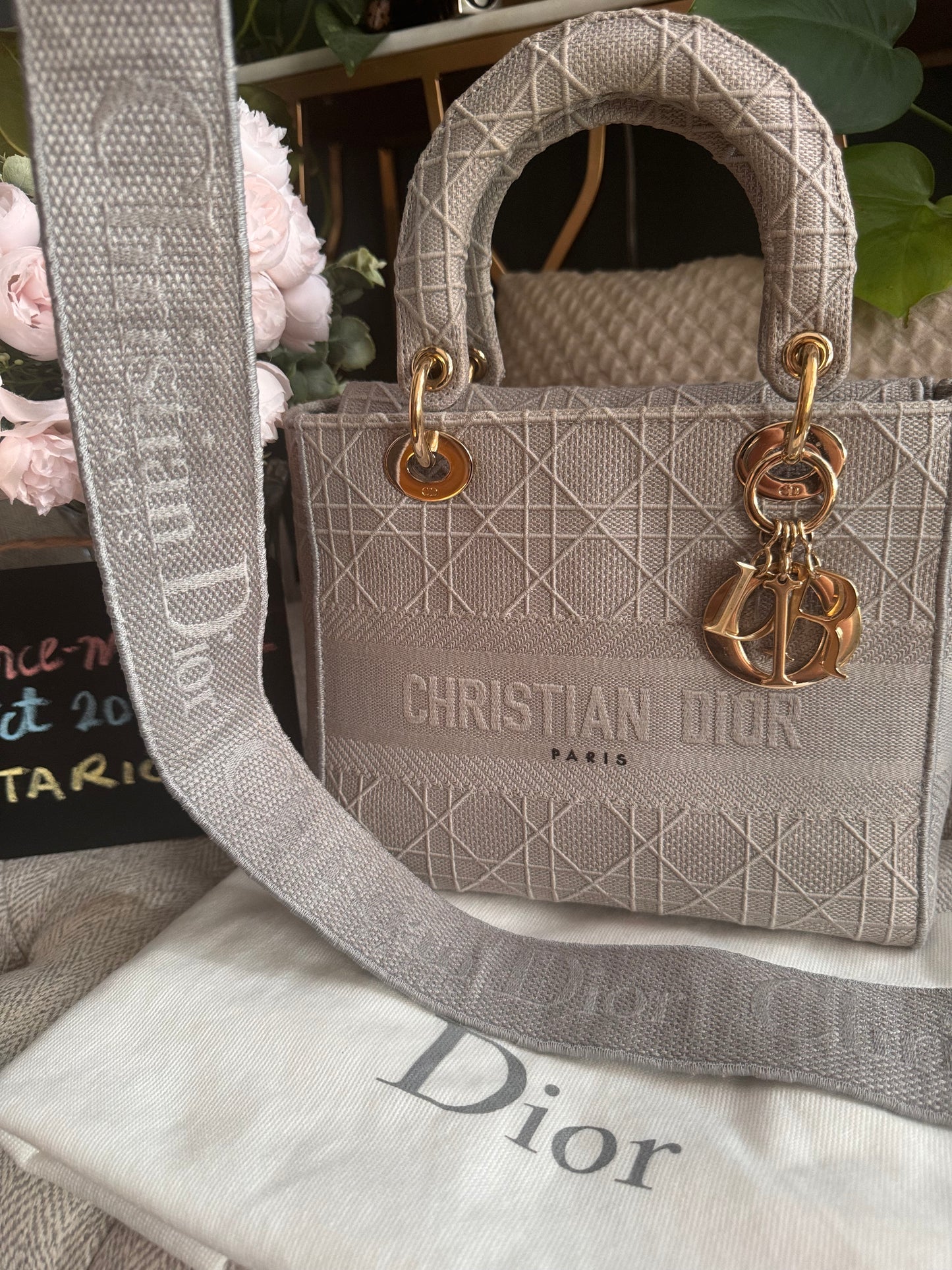 Christian Dior LADY D-LITE Medium Bag in Cool Grey Cannage Embroidery