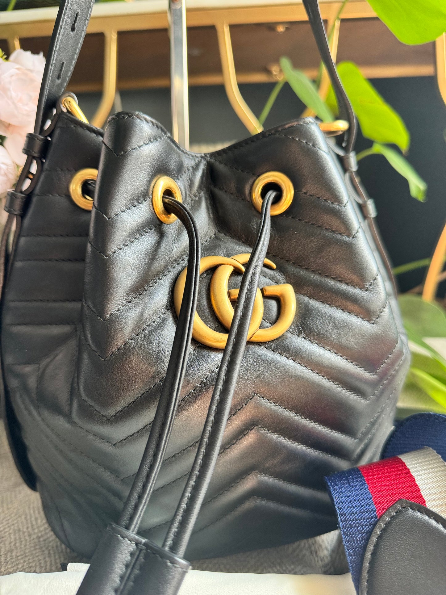Gucci Calfskin Matelasse Sylvie Web GG Marmont Bucket Bag