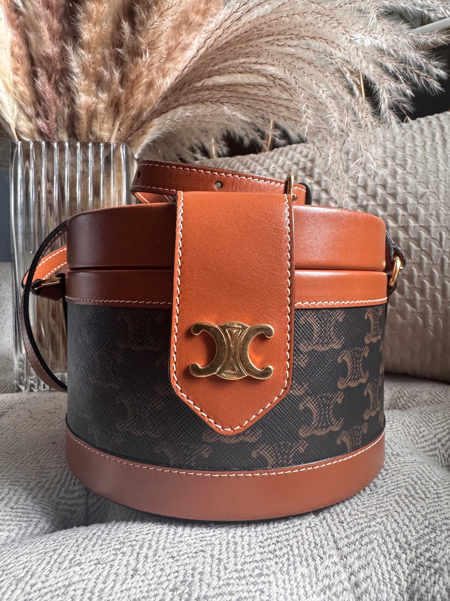 Celine Calfskin Triomphe Canvas Medium Tambour Bag