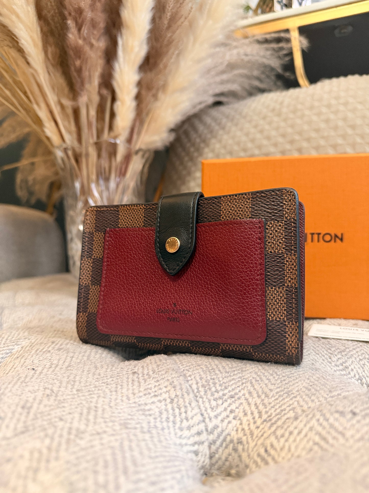 Louis Vuitton Juliette Wallet in Damier Ebene & Burgundy Leather