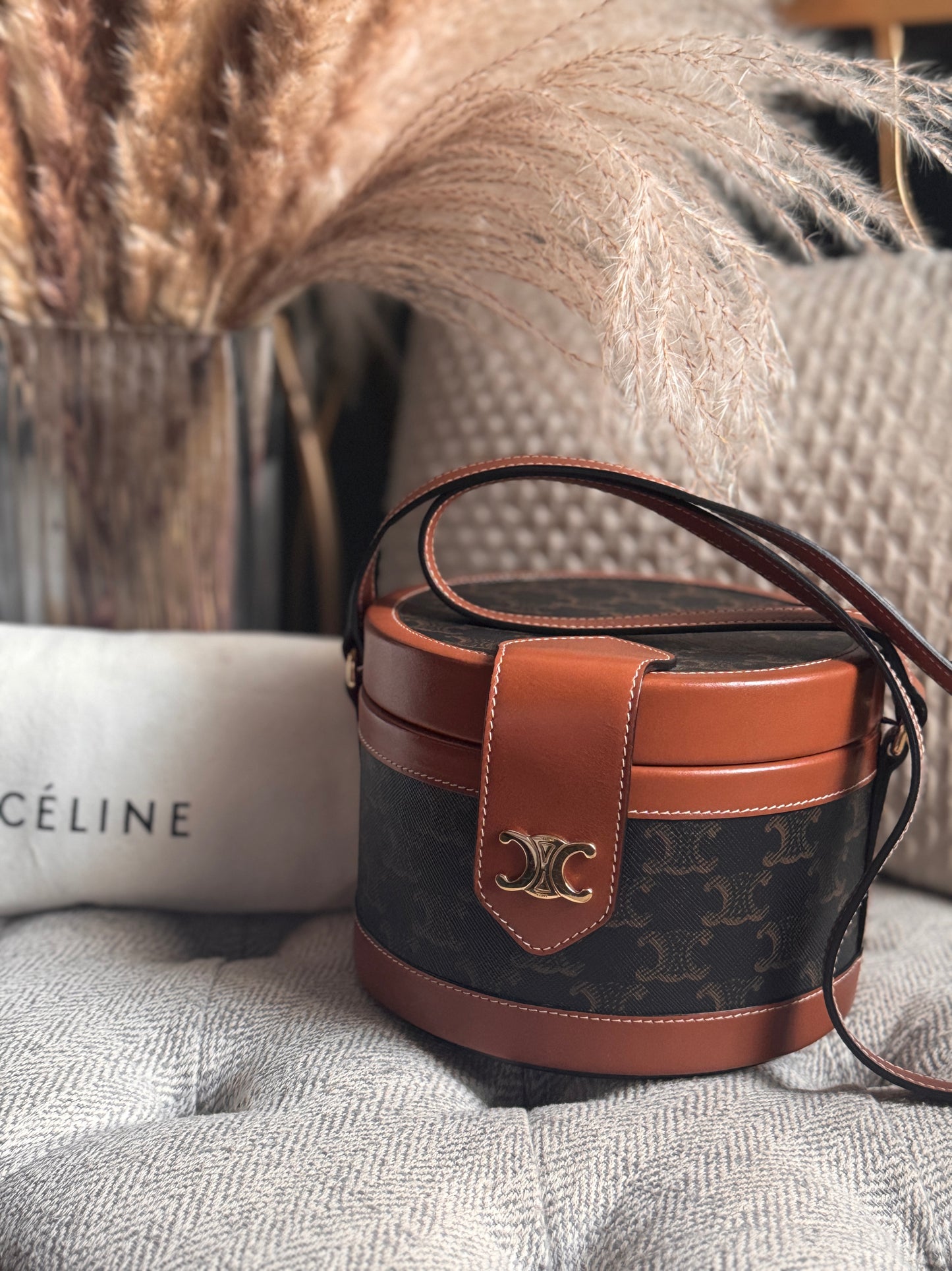 Celine Calfskin Triomphe Canvas Medium Tambour Bag