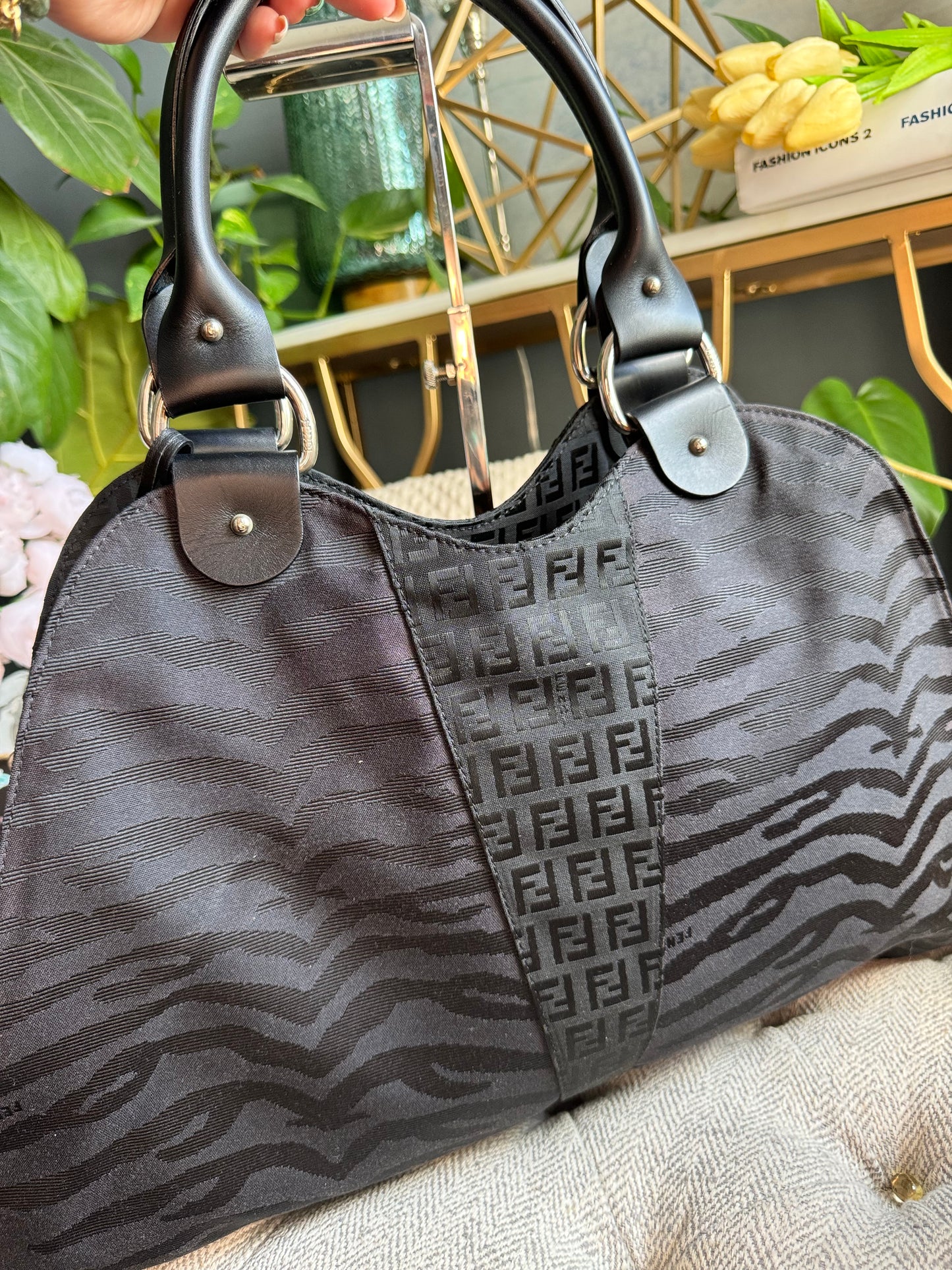Fendi Zucca Zucchino FF Logo Zebra Print with Silver Monogram Tag