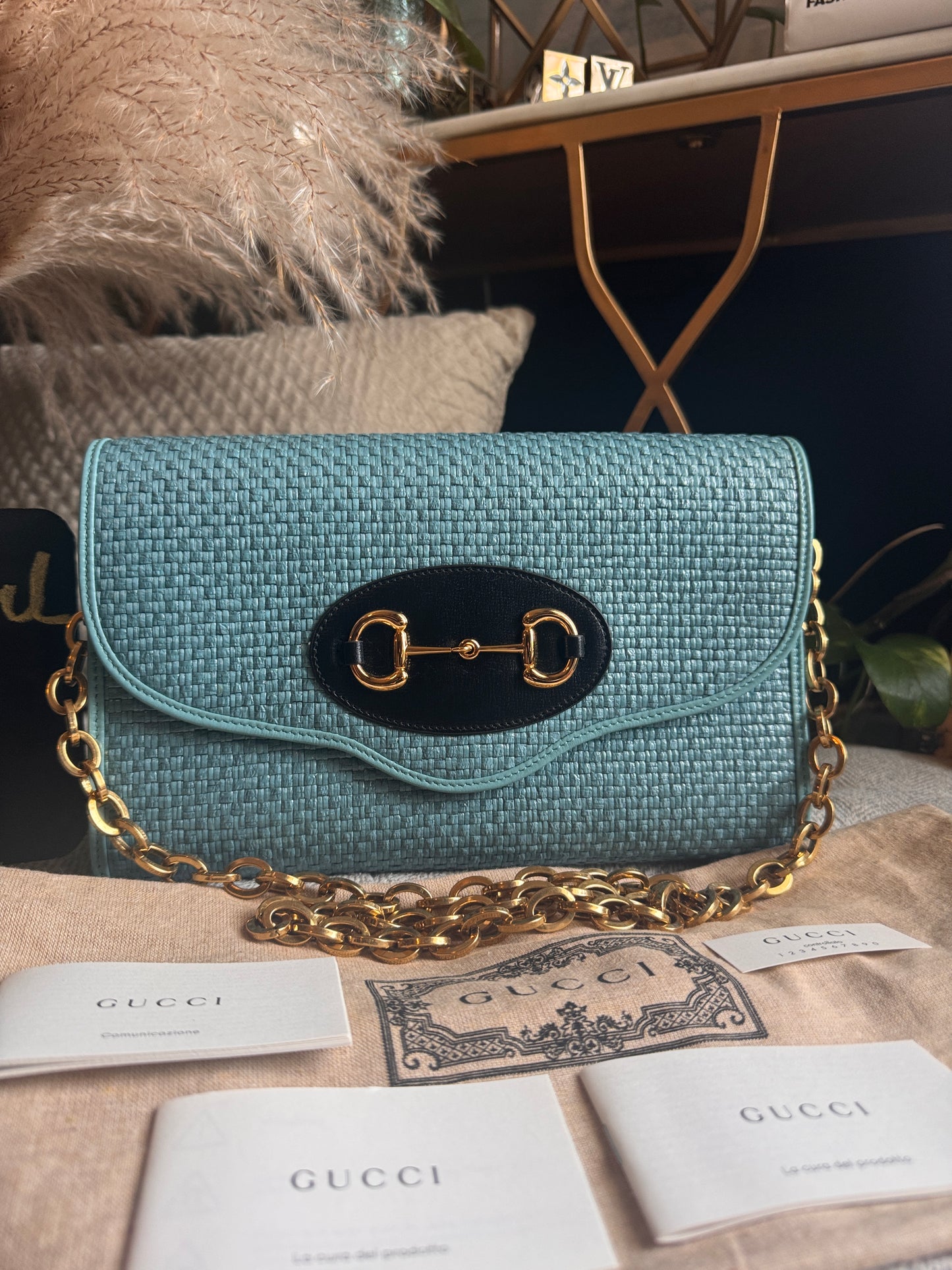Gucci Horsebit 1955 Raffia Chain Bag