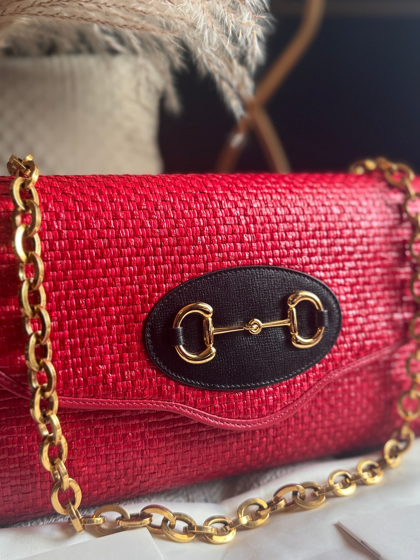 Gucci Horsebit 1955 Raffia Chain Bag in Red