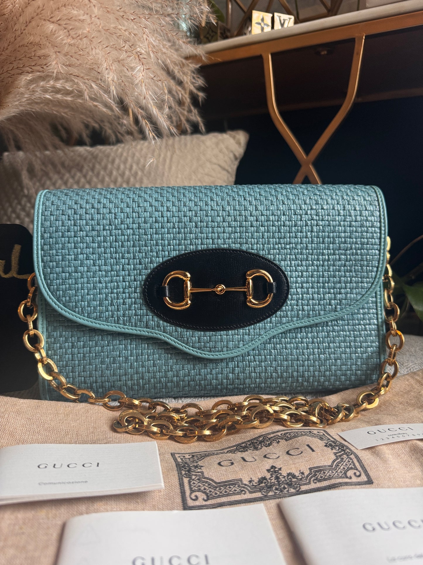 Gucci Horsebit 1955 Raffia Chain Bag