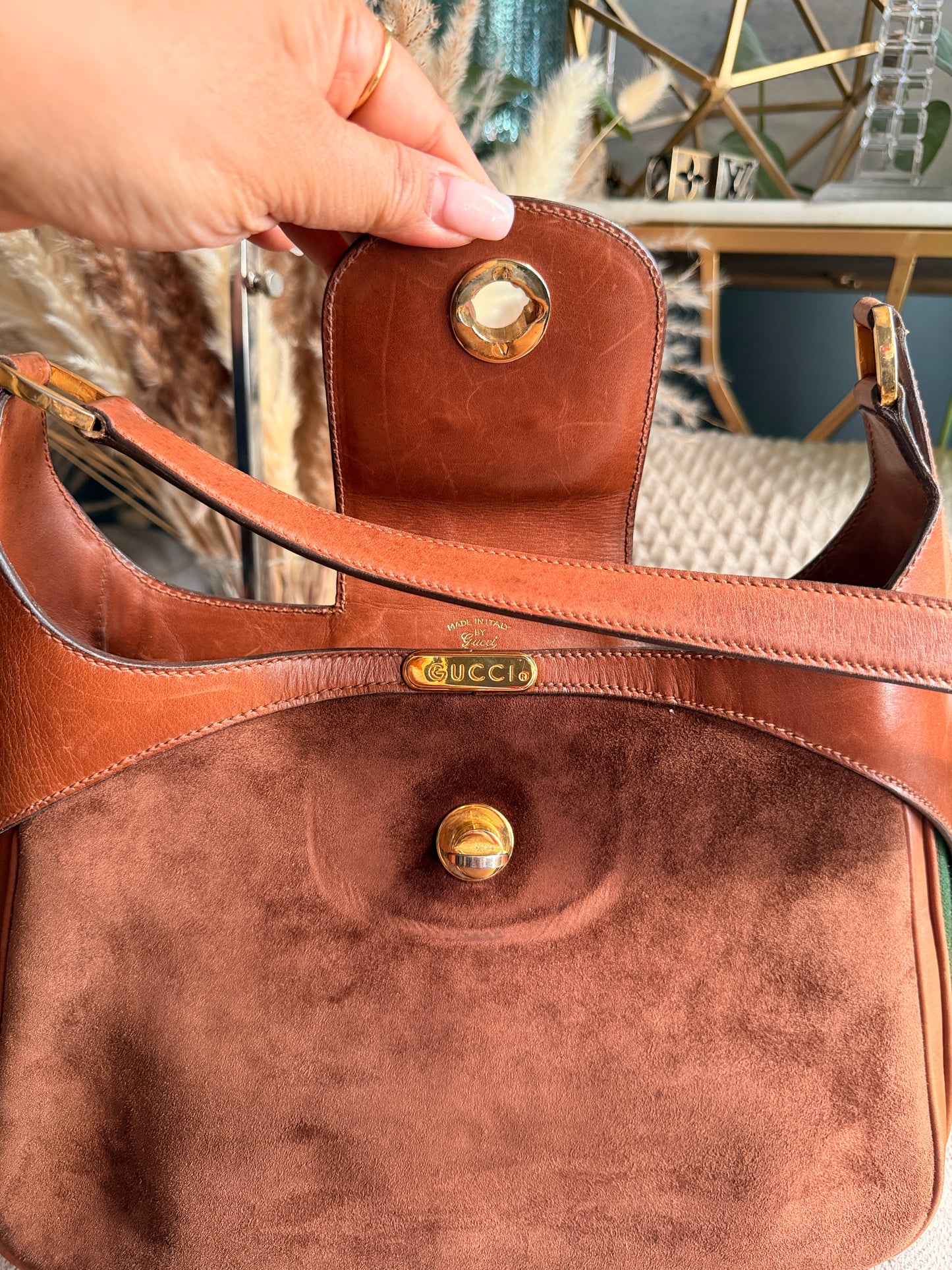 Vintage 70's GUCCI GG Monogram Flip Lock Brown Leather and Suede Hobo
