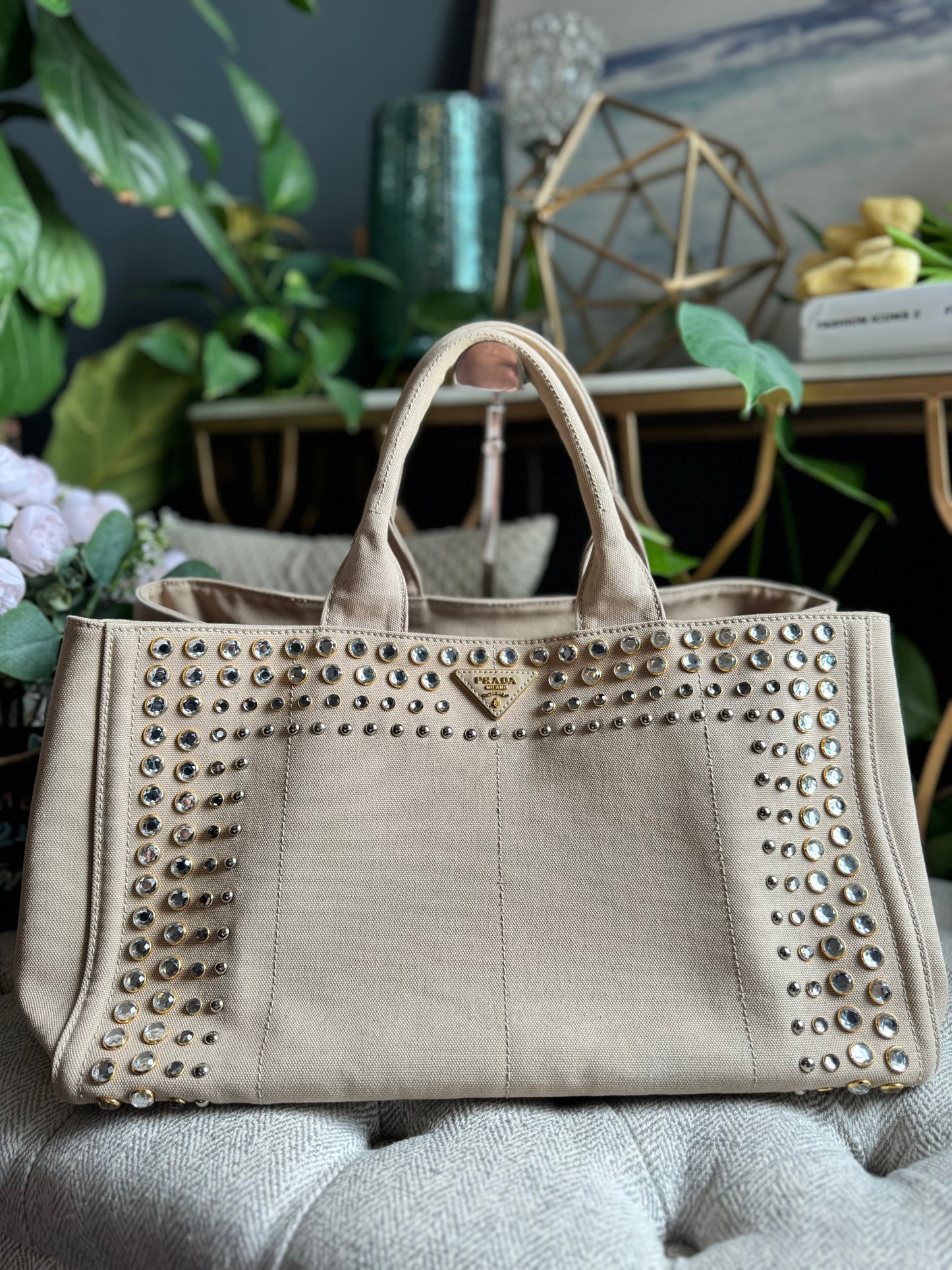 Prada Studded Canapa Tote