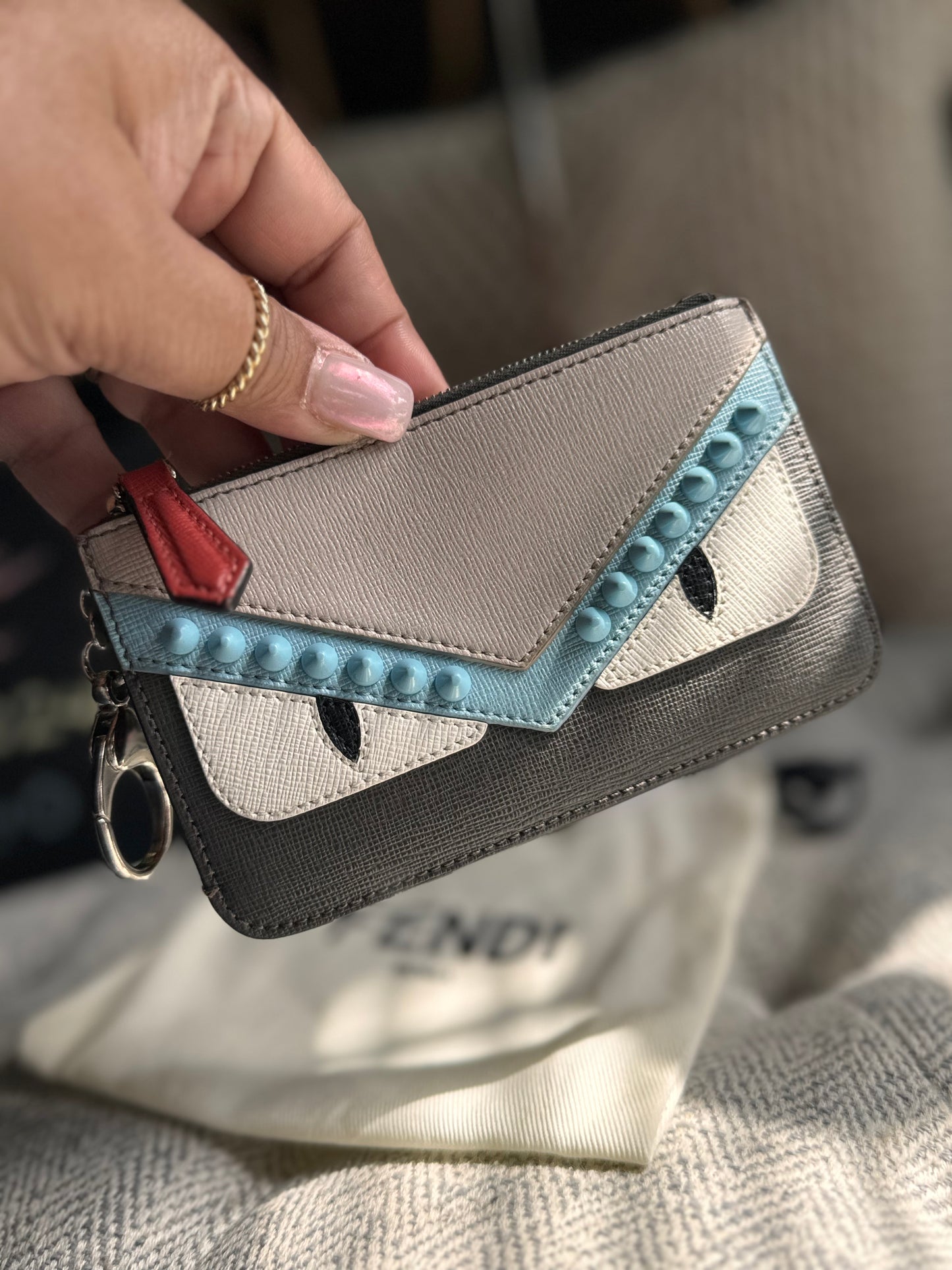Fendi Vitello Elite Leather Monster Eyes Pochette Key Cles And Change Holder