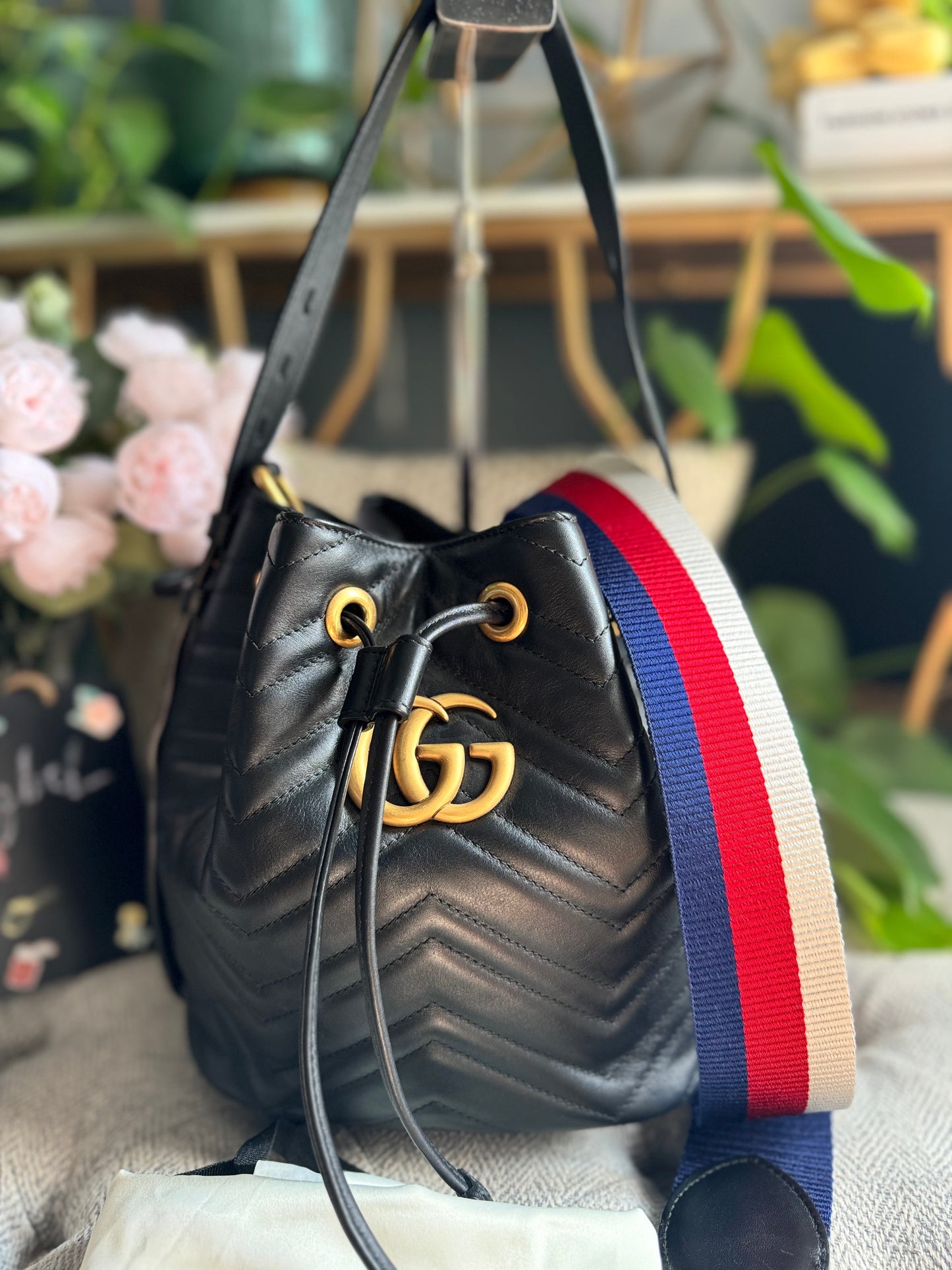 Gucci Calfskin Matelasse Sylvie Web GG Marmont Bucket Bag