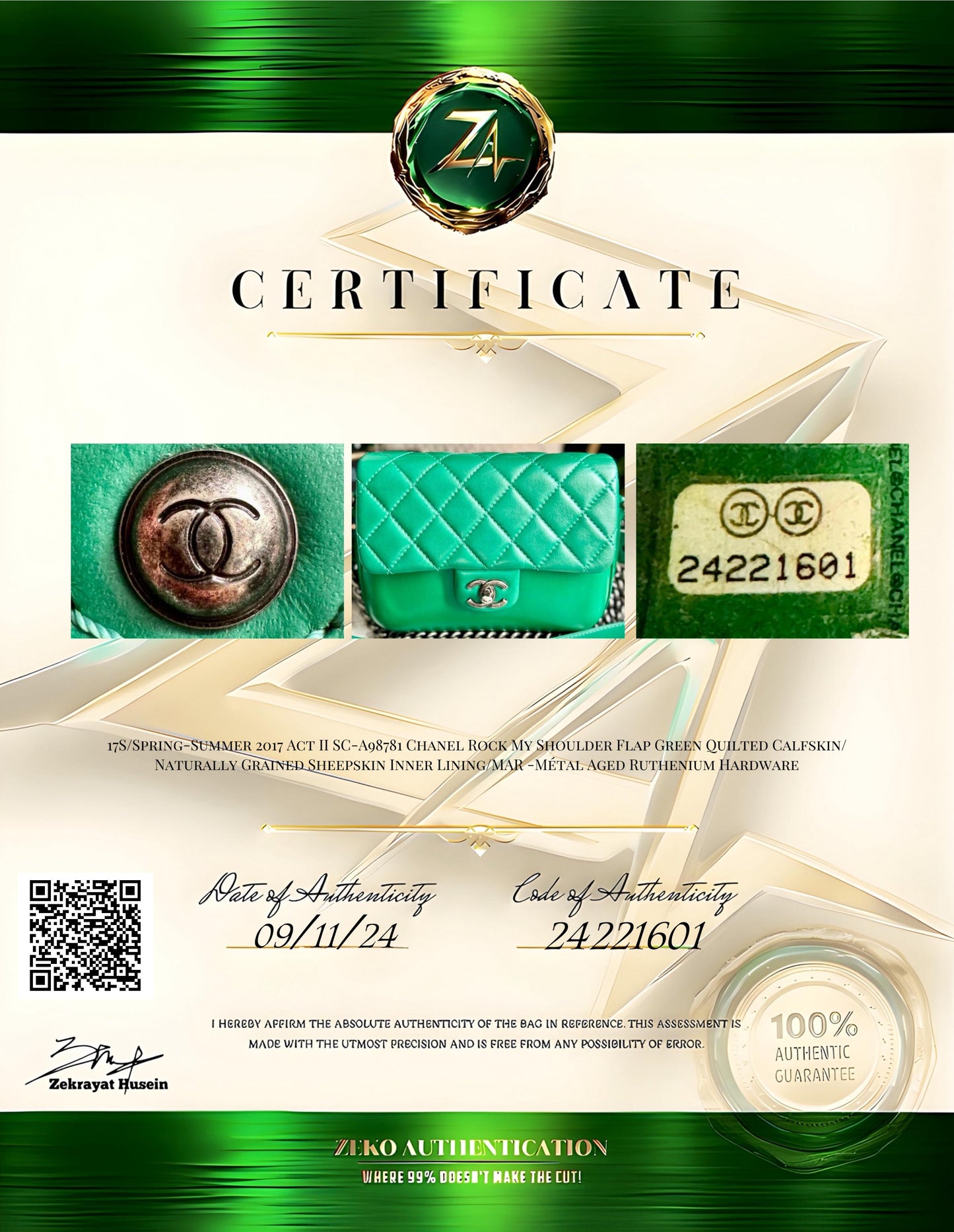 Chanel Rock My Shoulder Flap Green Quilted Calfskin/ Naturally Grained Sheepskin Inner Lining/MAR -Métal Aged Ruthenium Hardware (SN 24221601)