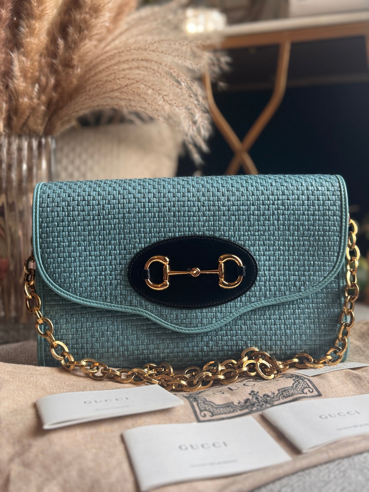 Gucci Horsebit 1955 Raffia Chain Bag