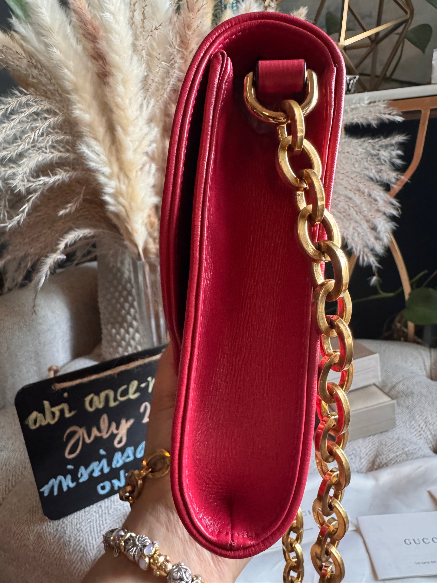 Gucci Horsebit 1955 Raffia Chain Bag in Red