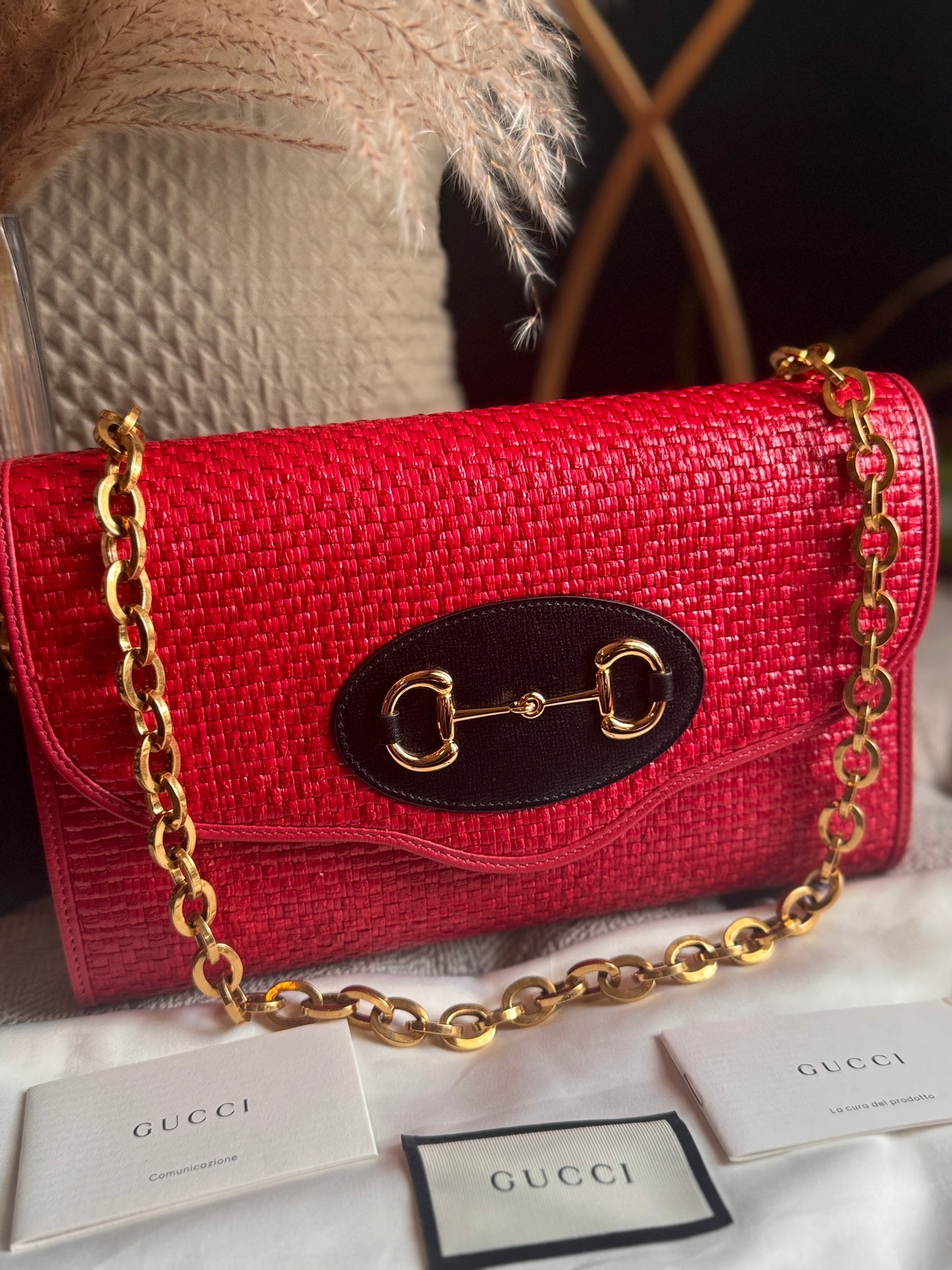 Gucci Horsebit 1955 Raffia Chain Bag in Red