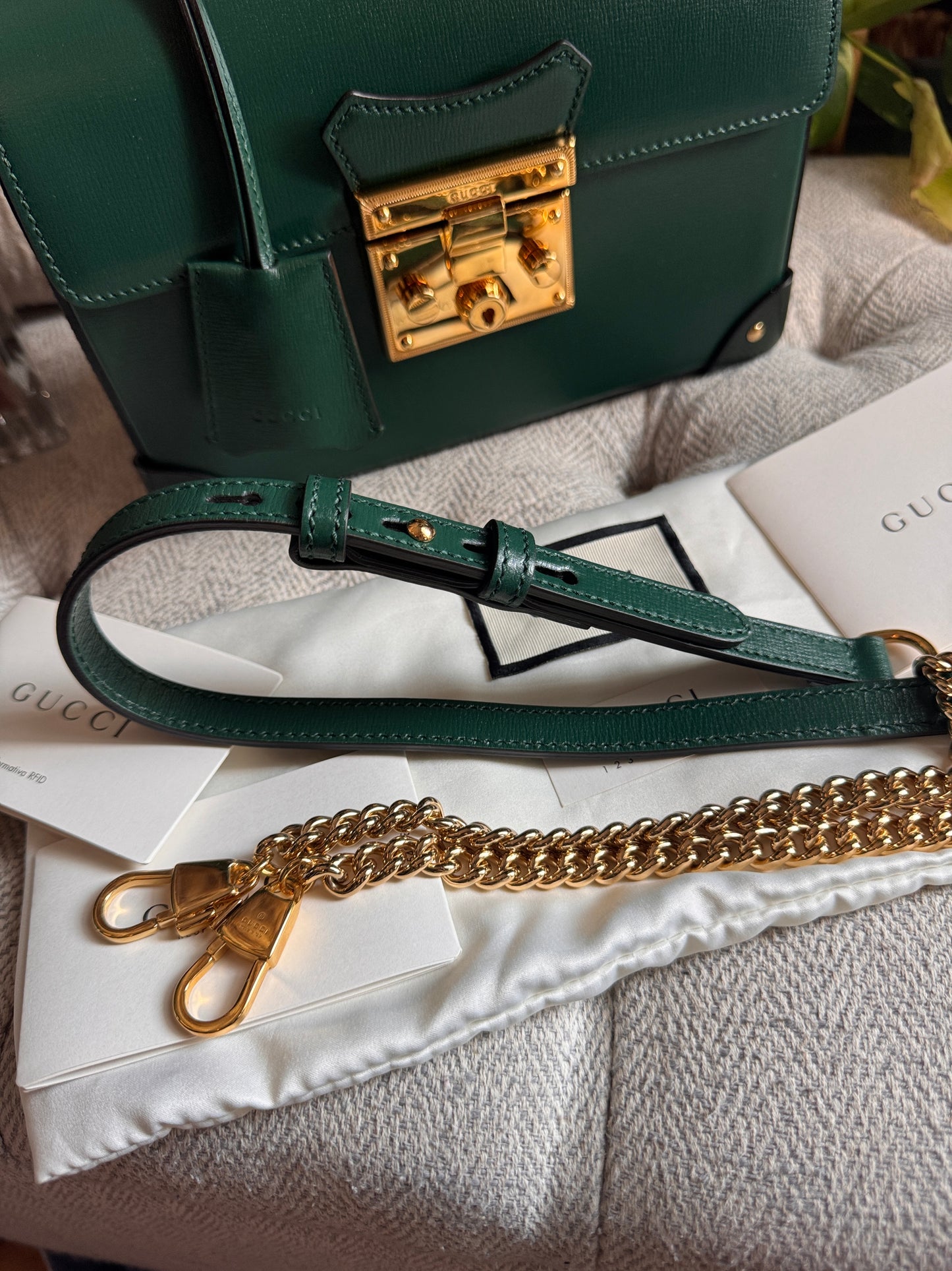 GUCCI
Azalea Calfskin Small Padlock Bamboo Shoulder Bag Vintage Green