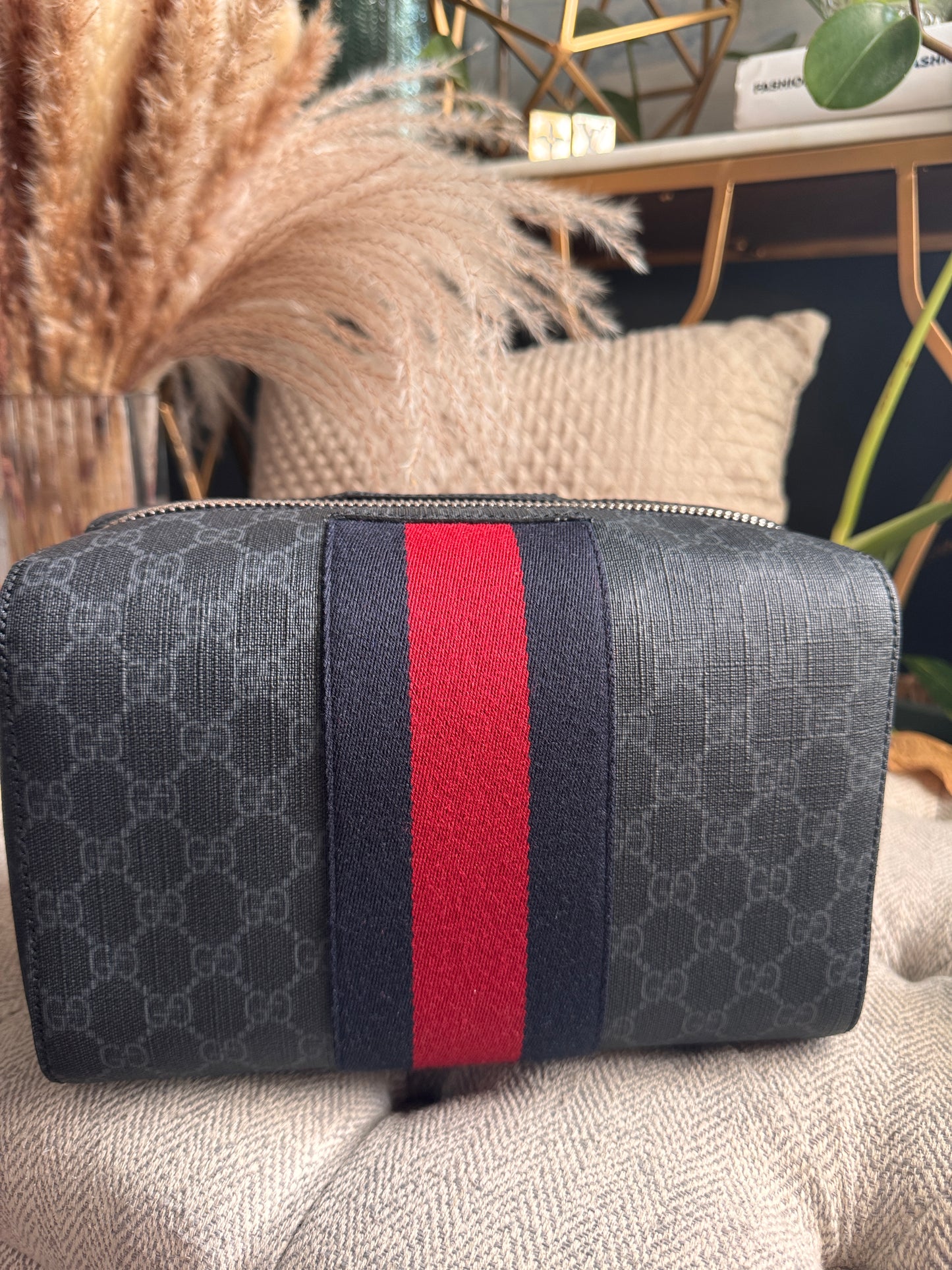 Gucci GG Supreme Monogram Web Toiletry Case Black Grey