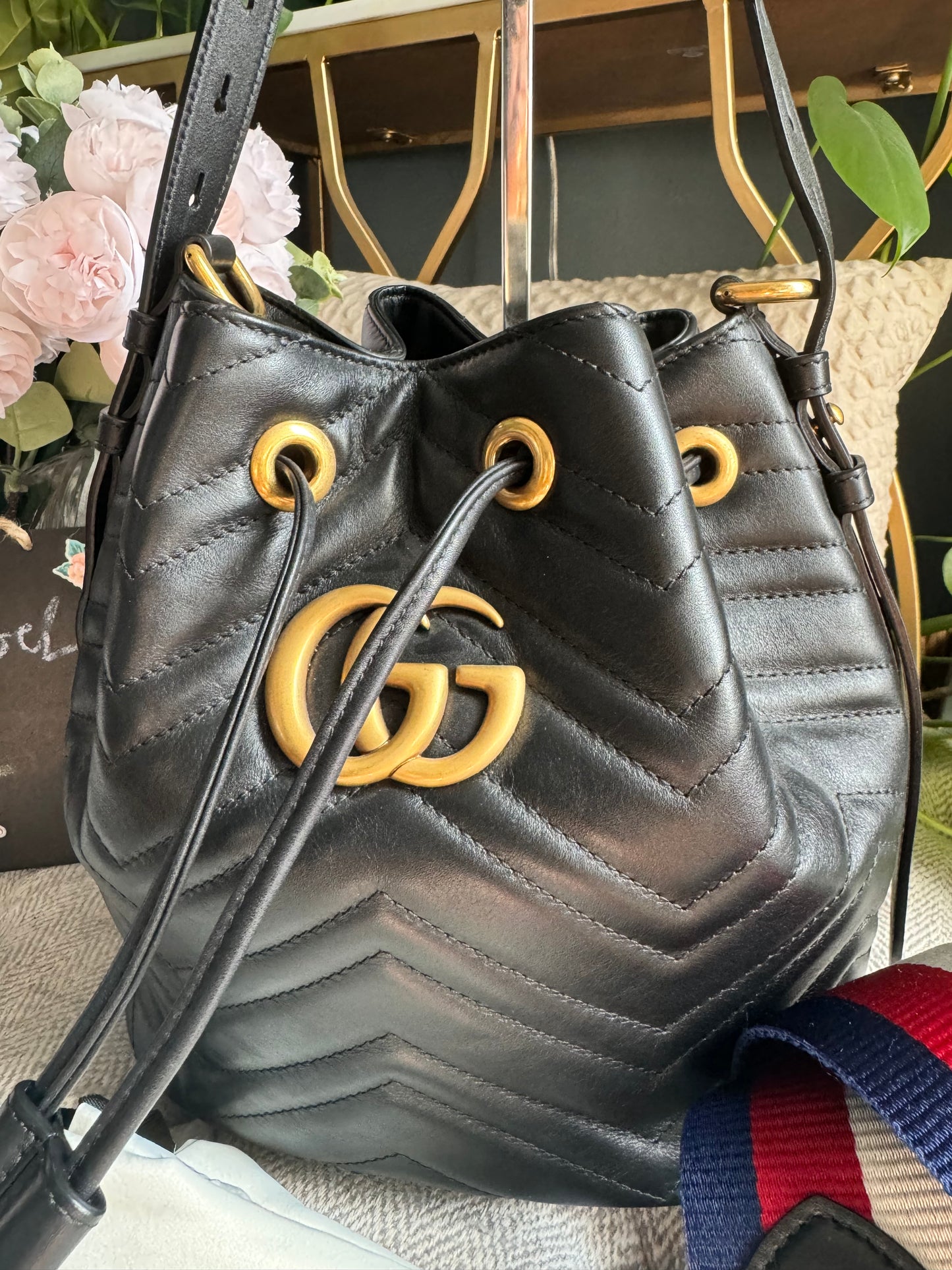 Gucci Calfskin Matelasse Sylvie Web GG Marmont Bucket Bag