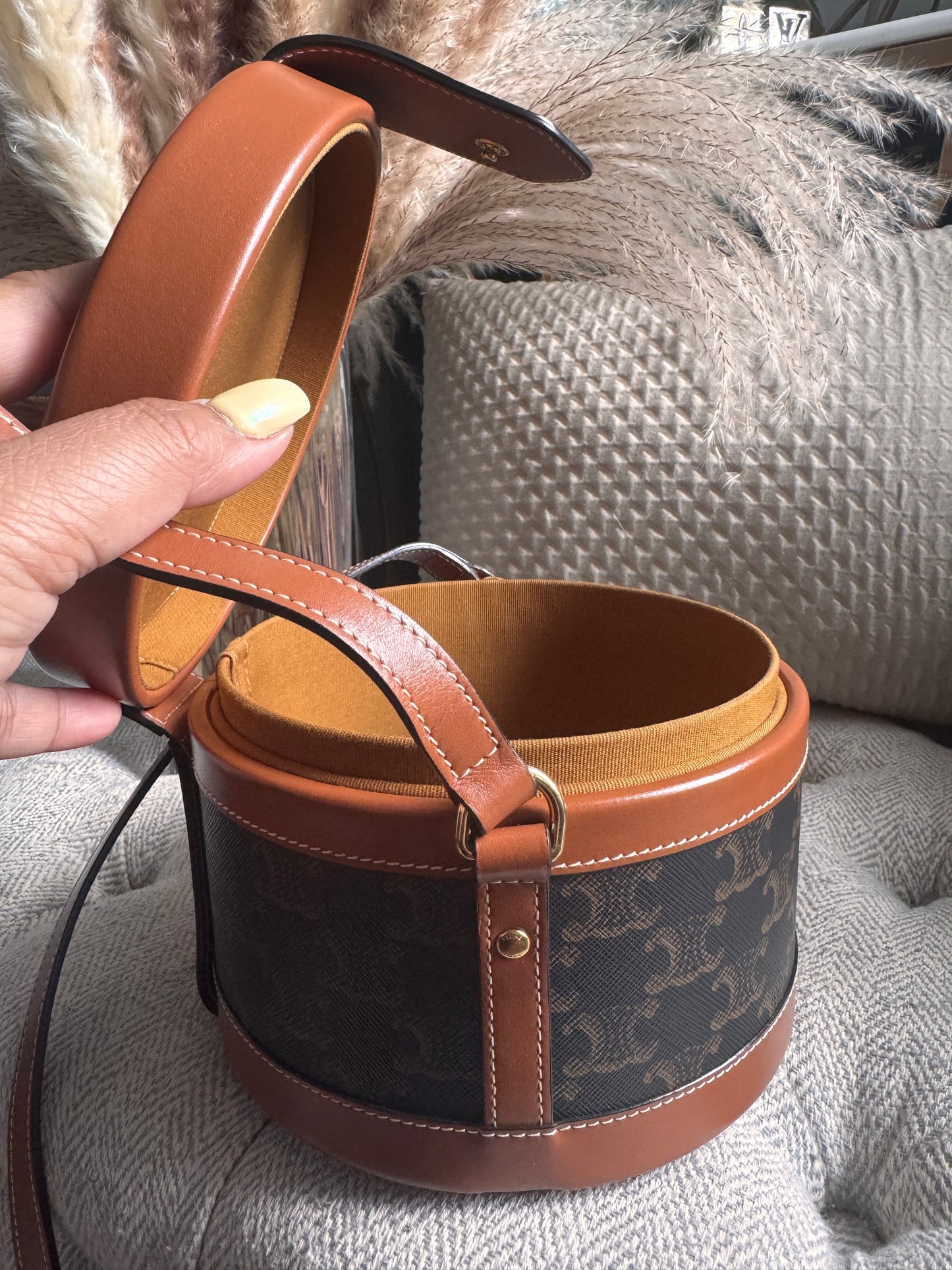 Celine Calfskin Triomphe Canvas Medium Tambour Bag