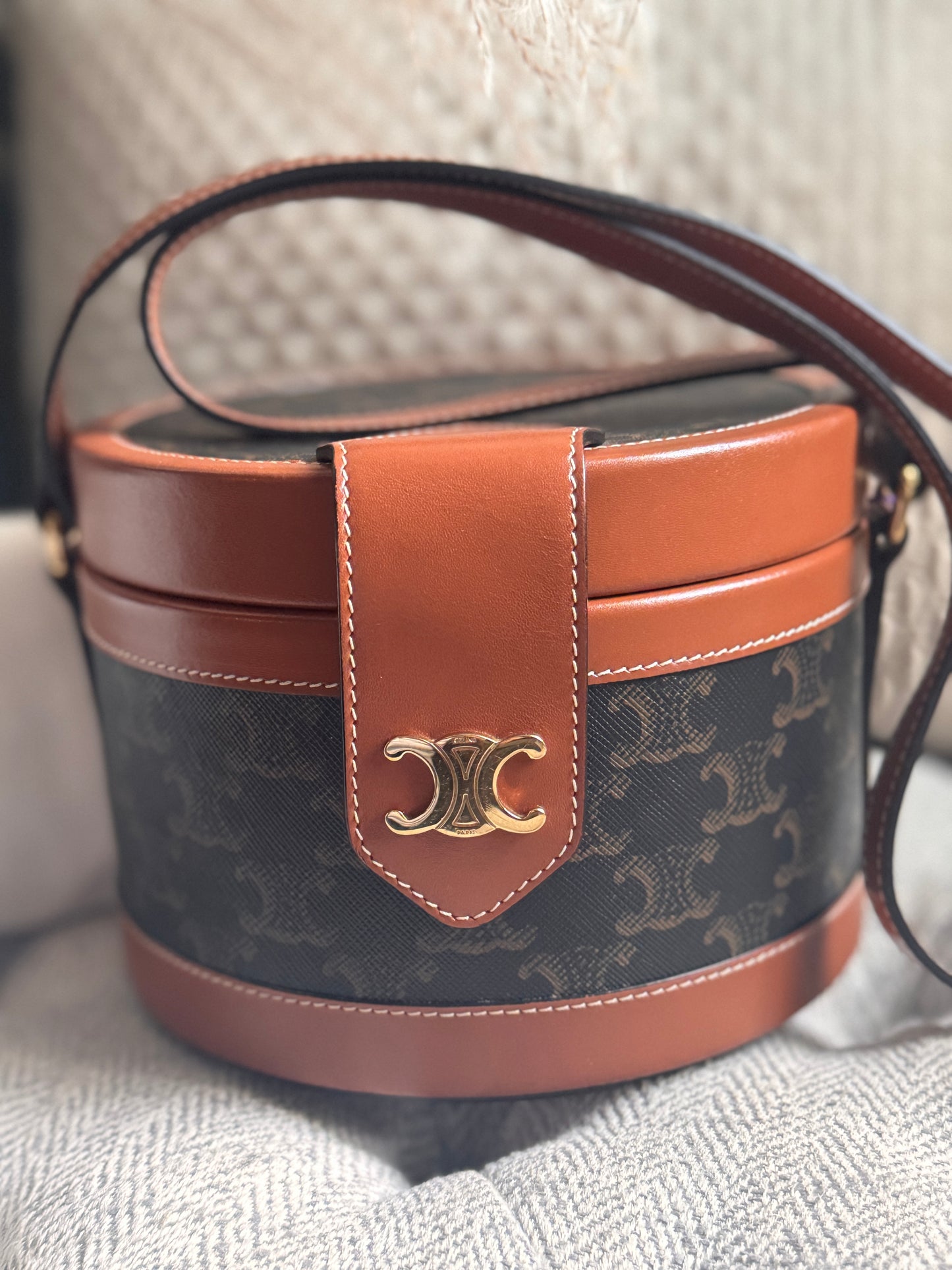 Celine Calfskin Triomphe Canvas Medium Tambour Bag