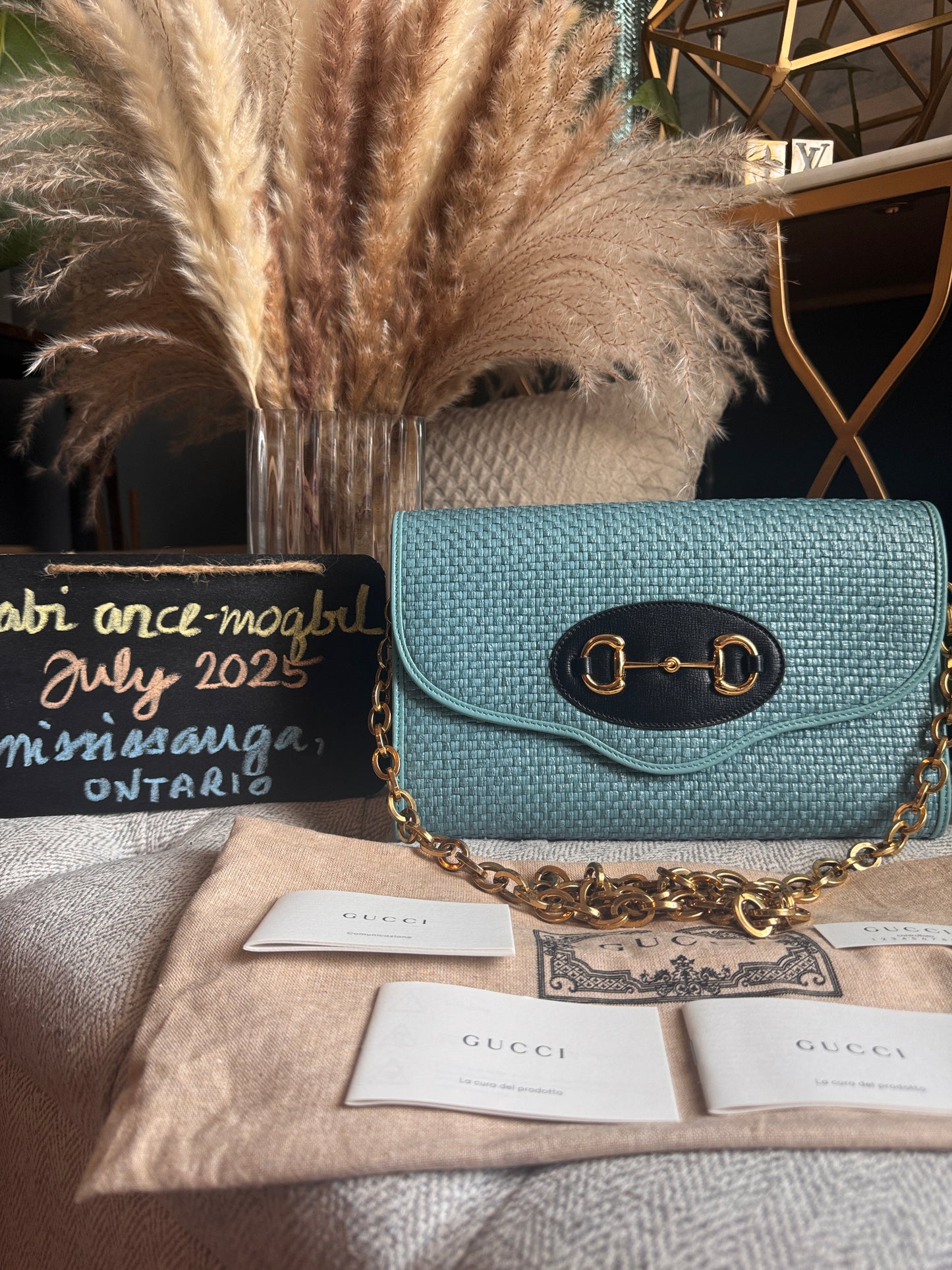 Gucci Horsebit 1955 Raffia Chain Bag