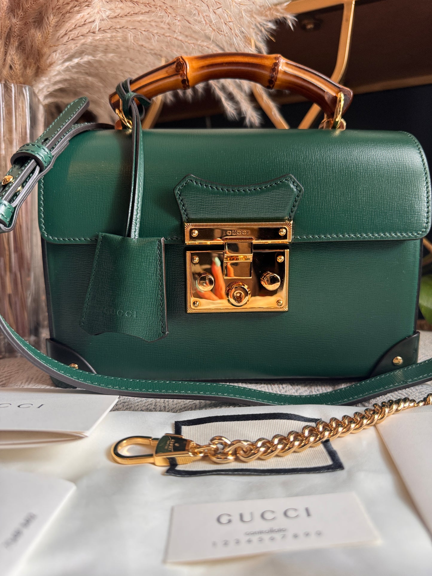 GUCCI
Azalea Calfskin Small Padlock Bamboo Shoulder Bag Vintage Green