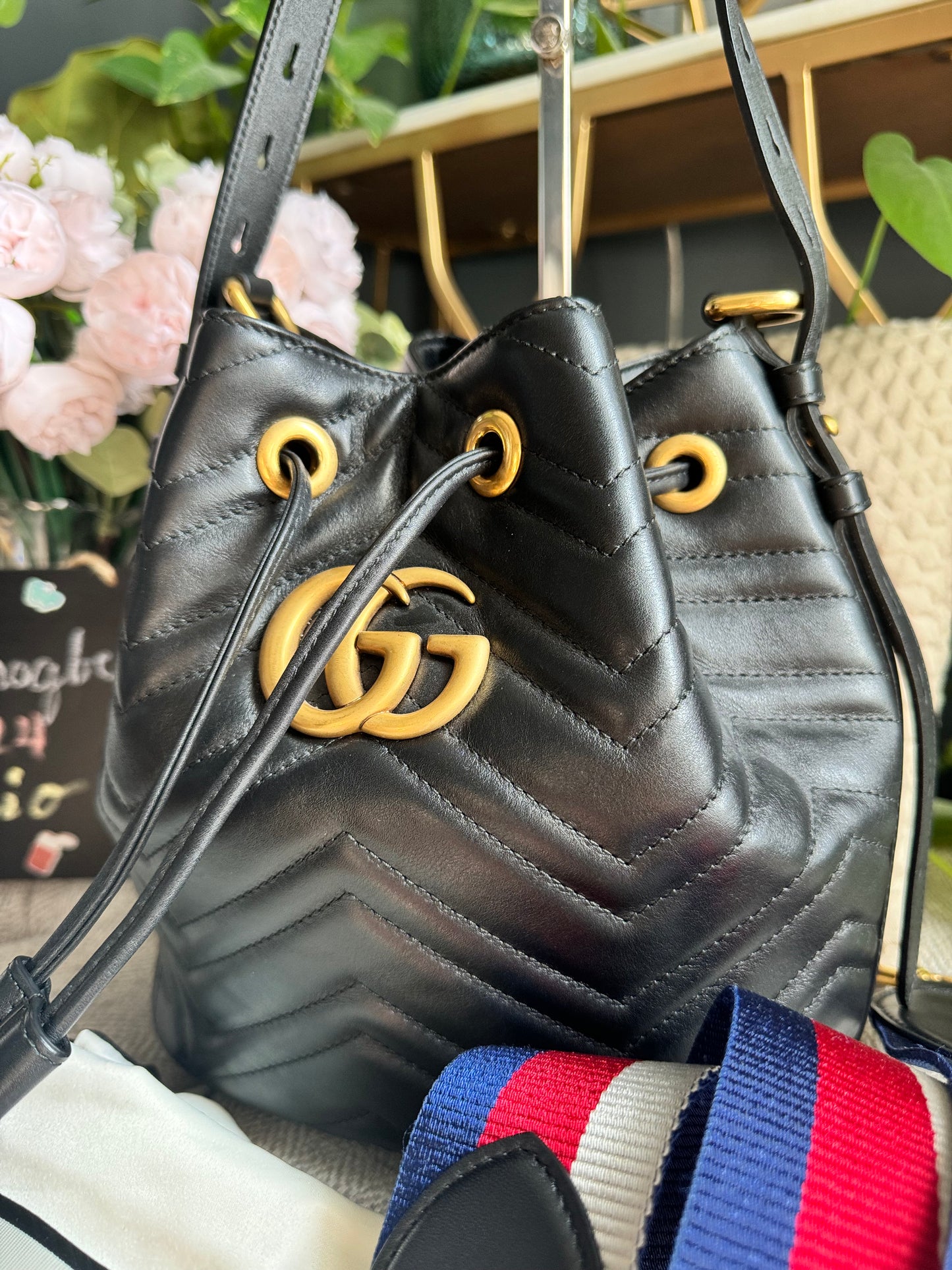 Gucci Calfskin Matelasse Sylvie Web GG Marmont Bucket Bag