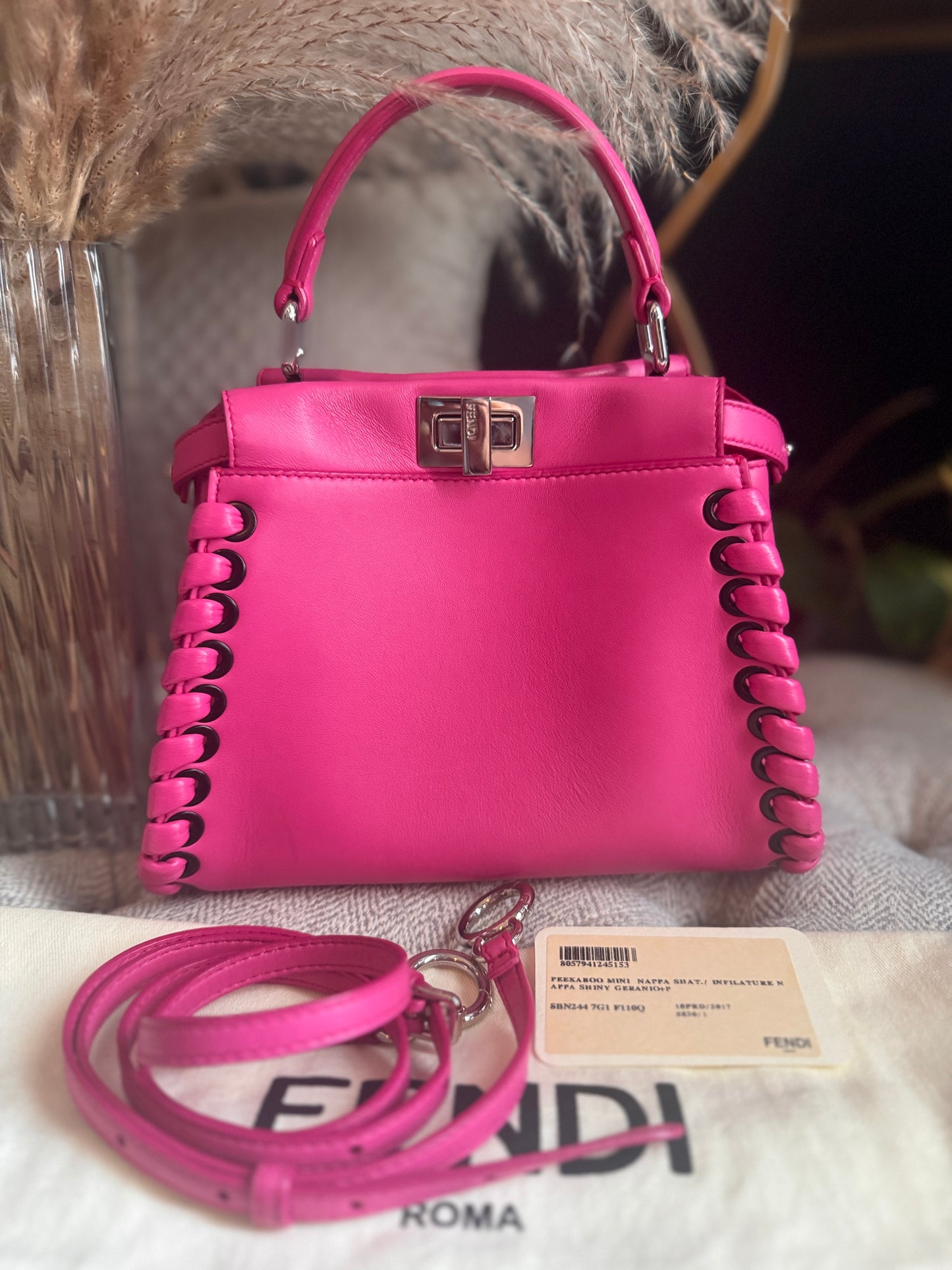 FENDI
Nappa Lace Up Mini Peekaboo Iconic Satchel in Geranio
