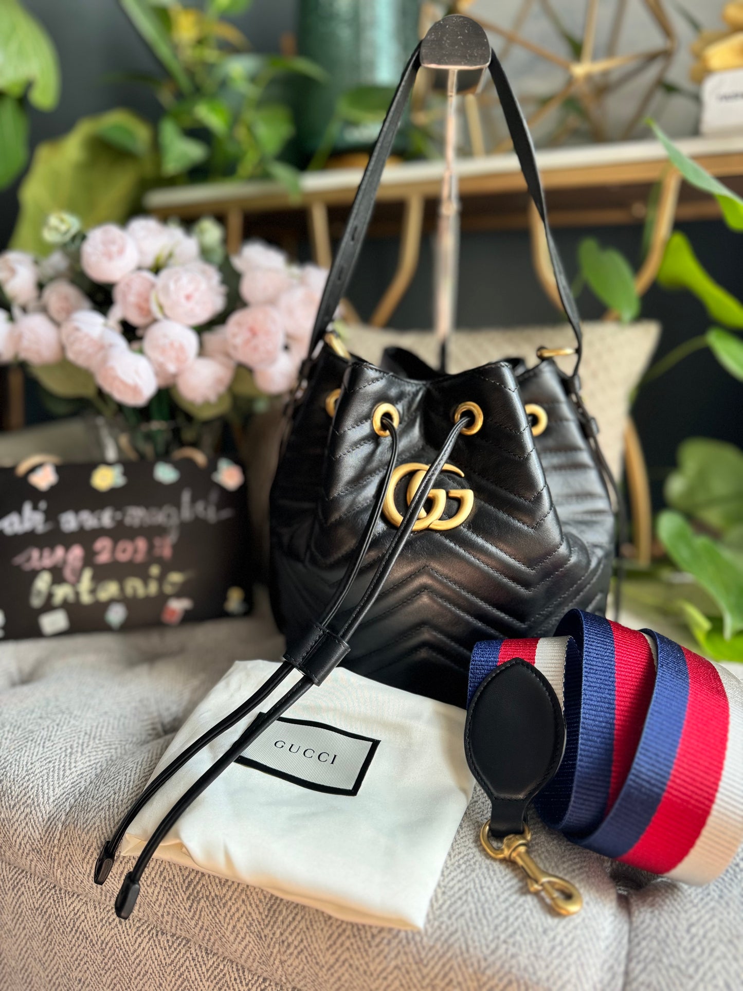 Gucci Calfskin Matelasse Sylvie Web GG Marmont Bucket Bag