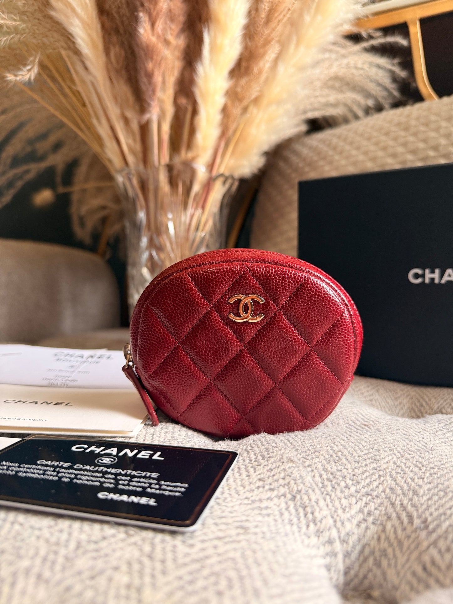 Chanel CHANEL 19B BURGUNDY CAVIAR ROUND POUCH/ COIN PURSE
