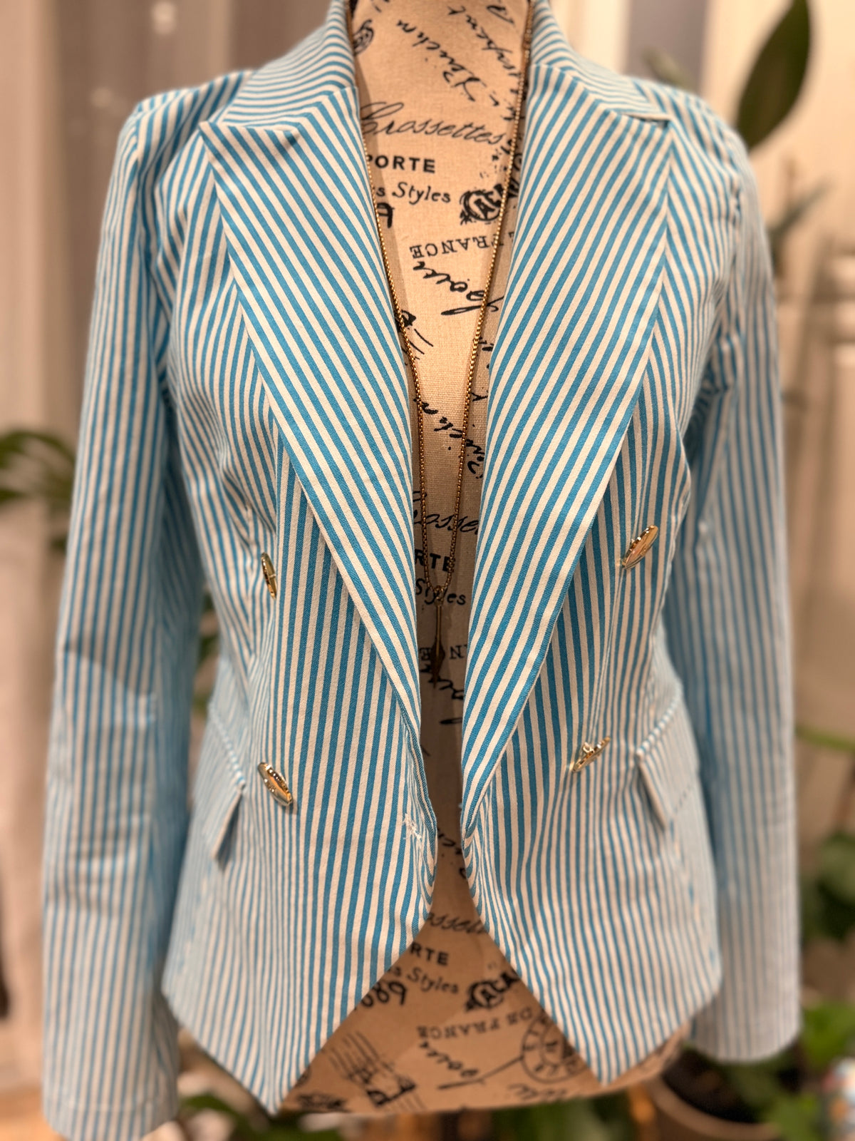 Rinascimento Made in Italy Turquoise Striped Double-Breasted Blazer – Size S