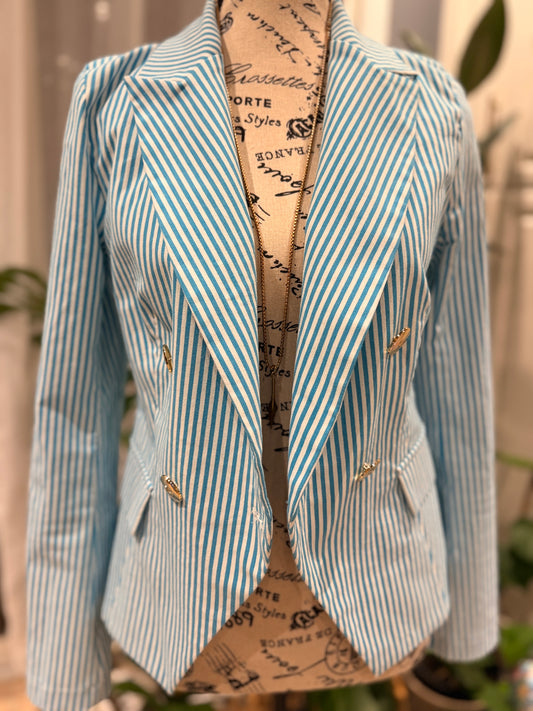 Rinascimento Made in Italy Turquoise Striped Double-Breasted Blazer – Size S