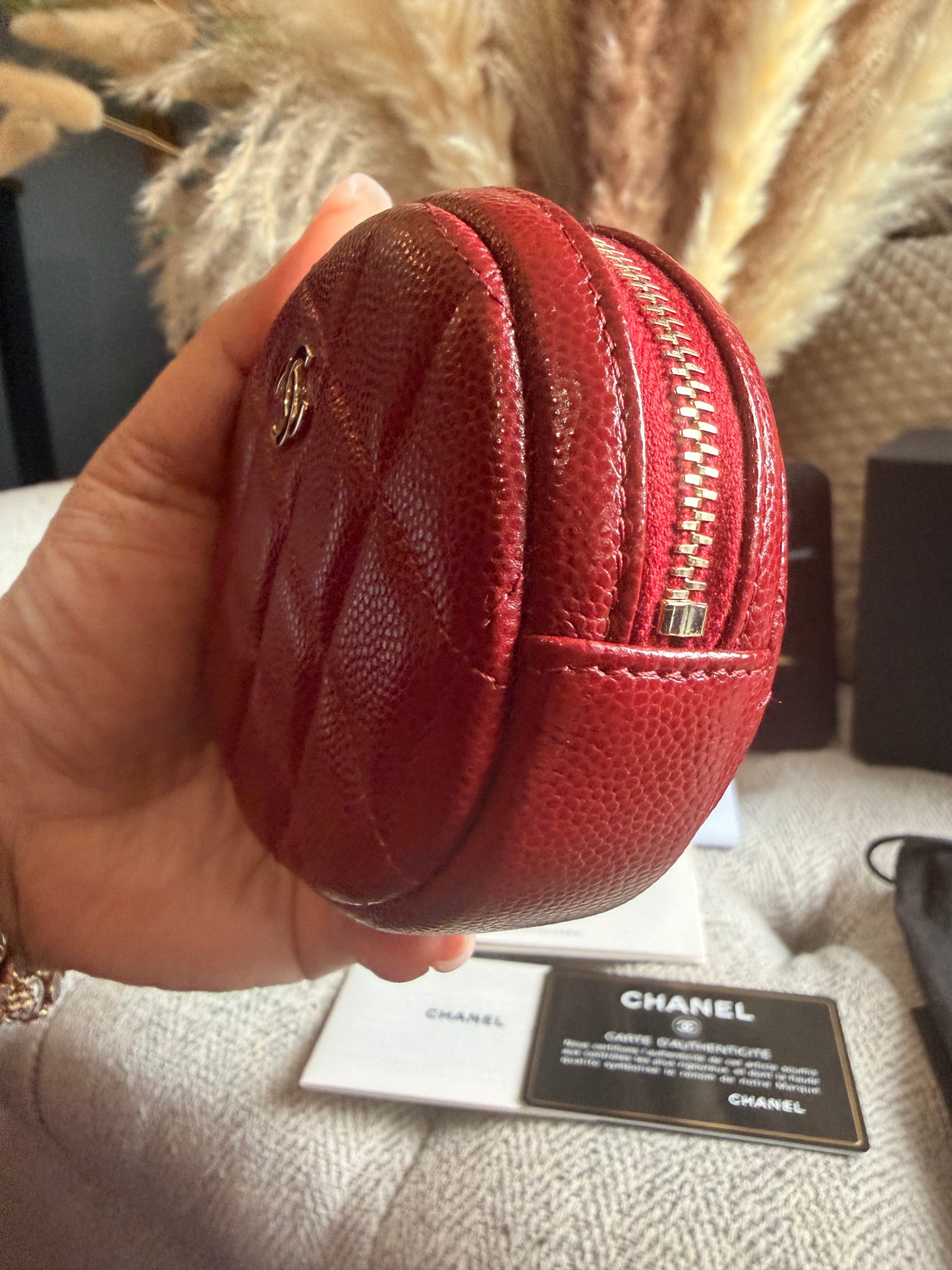 Chanel CHANEL 19B BURGUNDY CAVIAR ROUND POUCH/ COIN PURSE